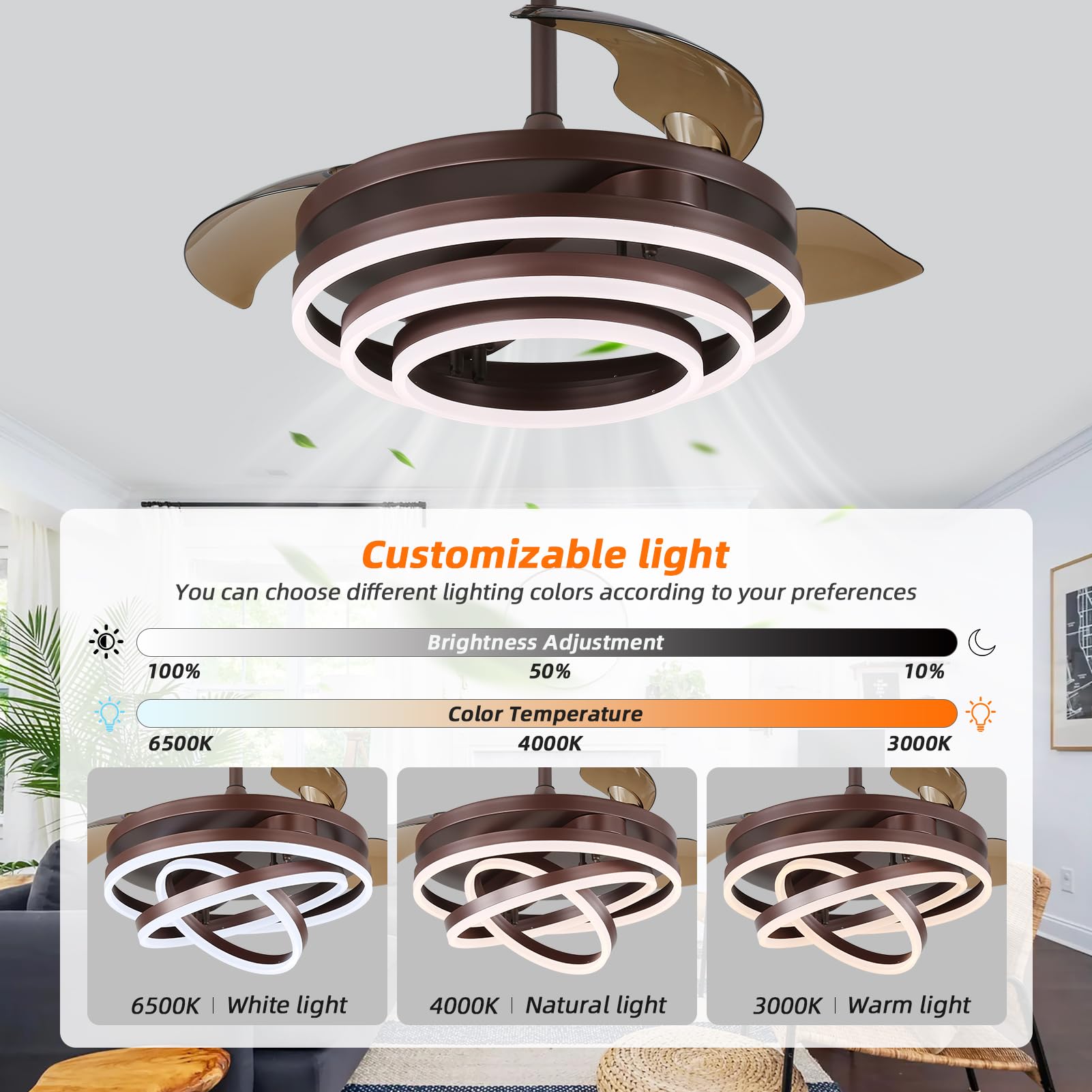 42 Inch Retractable Ceiling Fan with Light - Dimmable Fandelier, Silent DC Motor, 6 Speed Settings, Brown Chandelier Style - Perfect for Bedroom, Living Room, Kitchen, Kids Room & Patio | Energy-Efficient Home Cooling & Decorative Lighting Solution