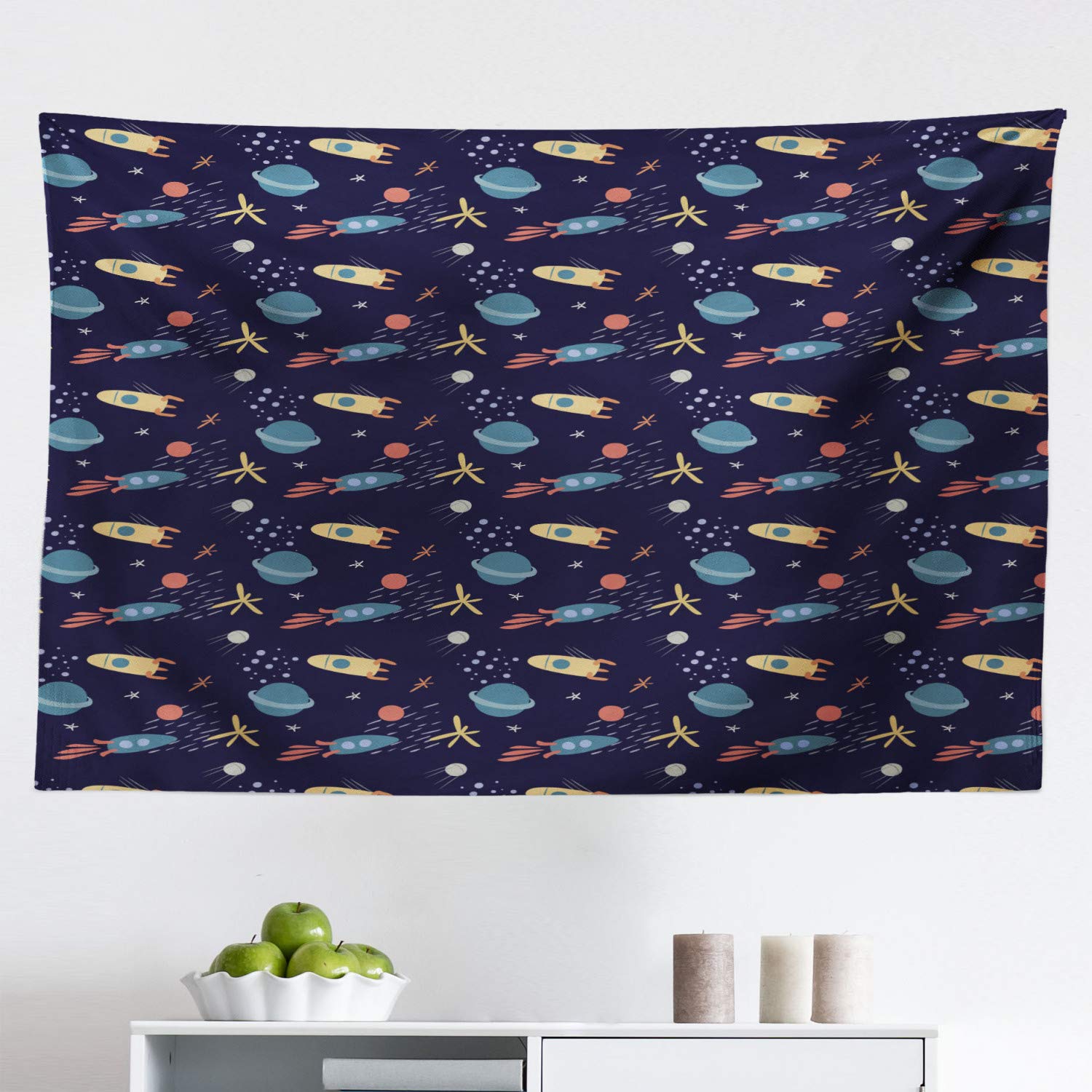 Ambesonne Space Themed Tapestry - Soft Tone Galaxy Print with Stars, Rockets & Planets - 45x30 Inch Fabric Wall Art for Bedroom, Living Room, Dorm Decor | Perfect for Boho Home Decor, Teen Room & Astronomy Lovers