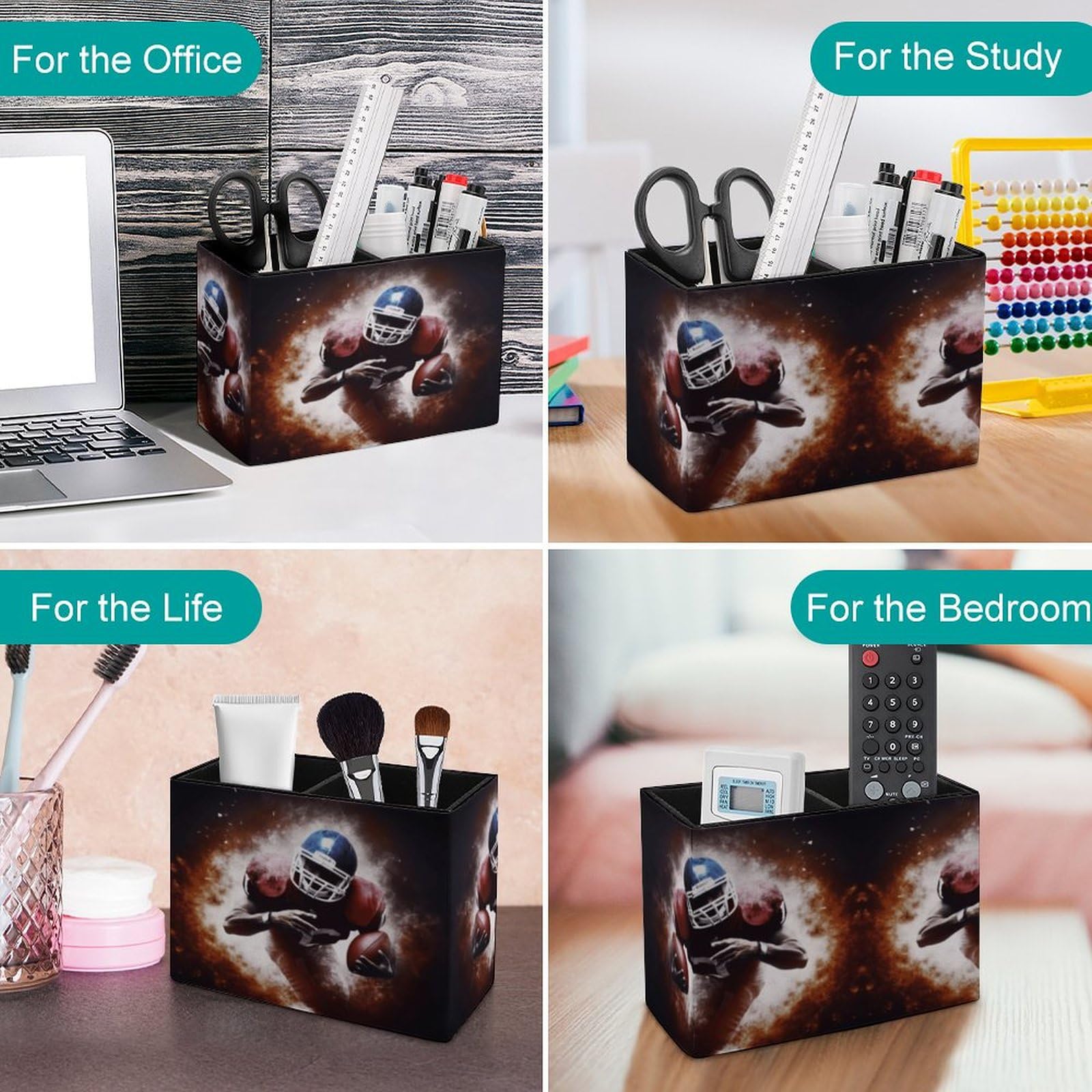 YJWANDO Leather Pen Holder with American Football Print - Premium Office Desk Organizer & Pen Cup for Pencils, Pens & Markers - Perfect Desk Accessory for Home, Office & School Organization