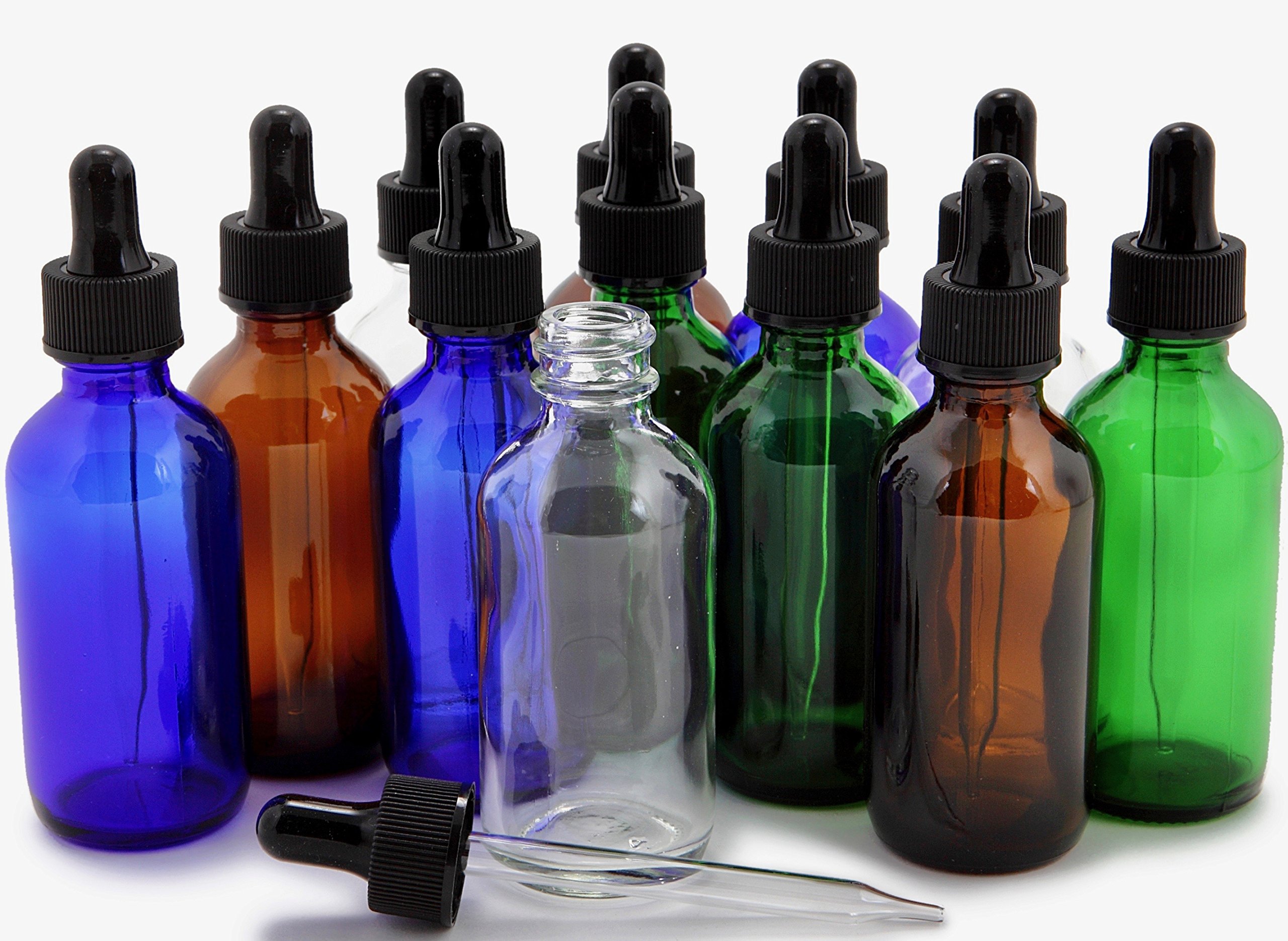 Vivaplex 12-Pack 2 oz Glass Bottles with Glass Eye Droppers - Assorted Colors for Essential Oils, DIY Beauty, and Craft Projects