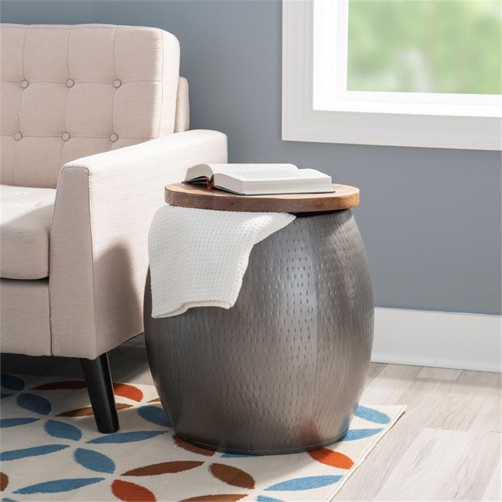 Pemberly Row Modern Metal and Wood Drum Side Table with Storage in Silver - Stylish End Table for Living Room, Bedroom or Office Decor