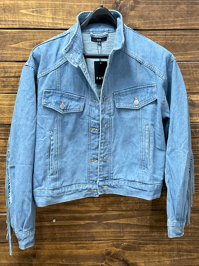Fate FJ4302 Women's Light Medium Wash Fringe Denim Jacket - Stylish Outerwear for Casual Outings & Boho Fashion