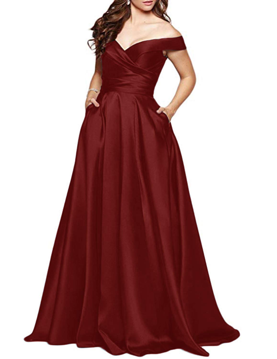 Ubride Women's Off The Shoulder Long Satin Prom Dress with Pockets - Elegant Formal Evening Gown for Homecoming, Wedding Guest, and Special Occasions
