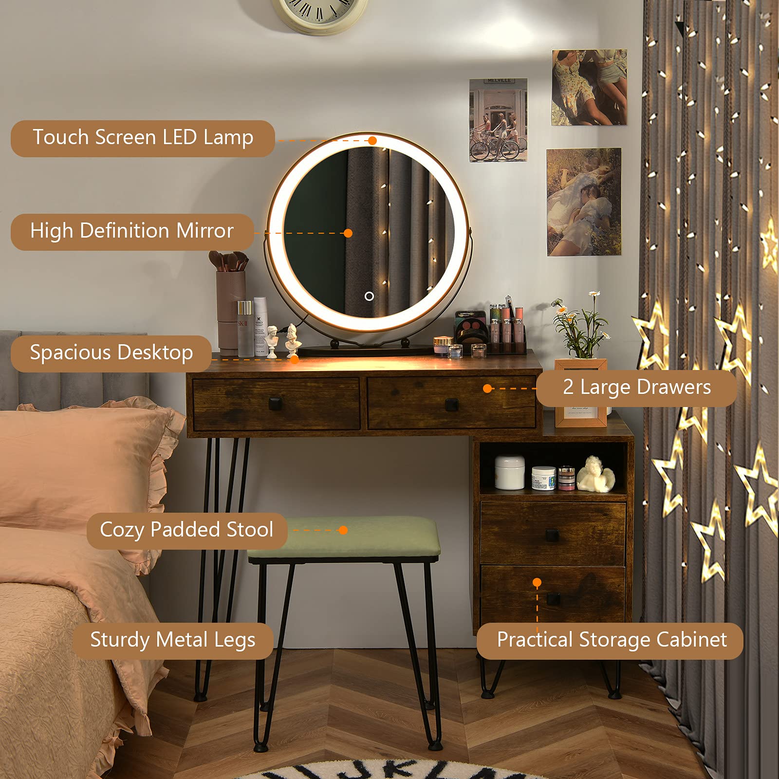 CHARMAID Vanity Desk with Reversible Side Cabinet - Makeup Dressing Table with LED Mirror (3 Color Lights), 4 Drawers, Nightstand & Stool - Rustic Brown - Perfect for Bedroom, Dressing Room & Beauty Salon