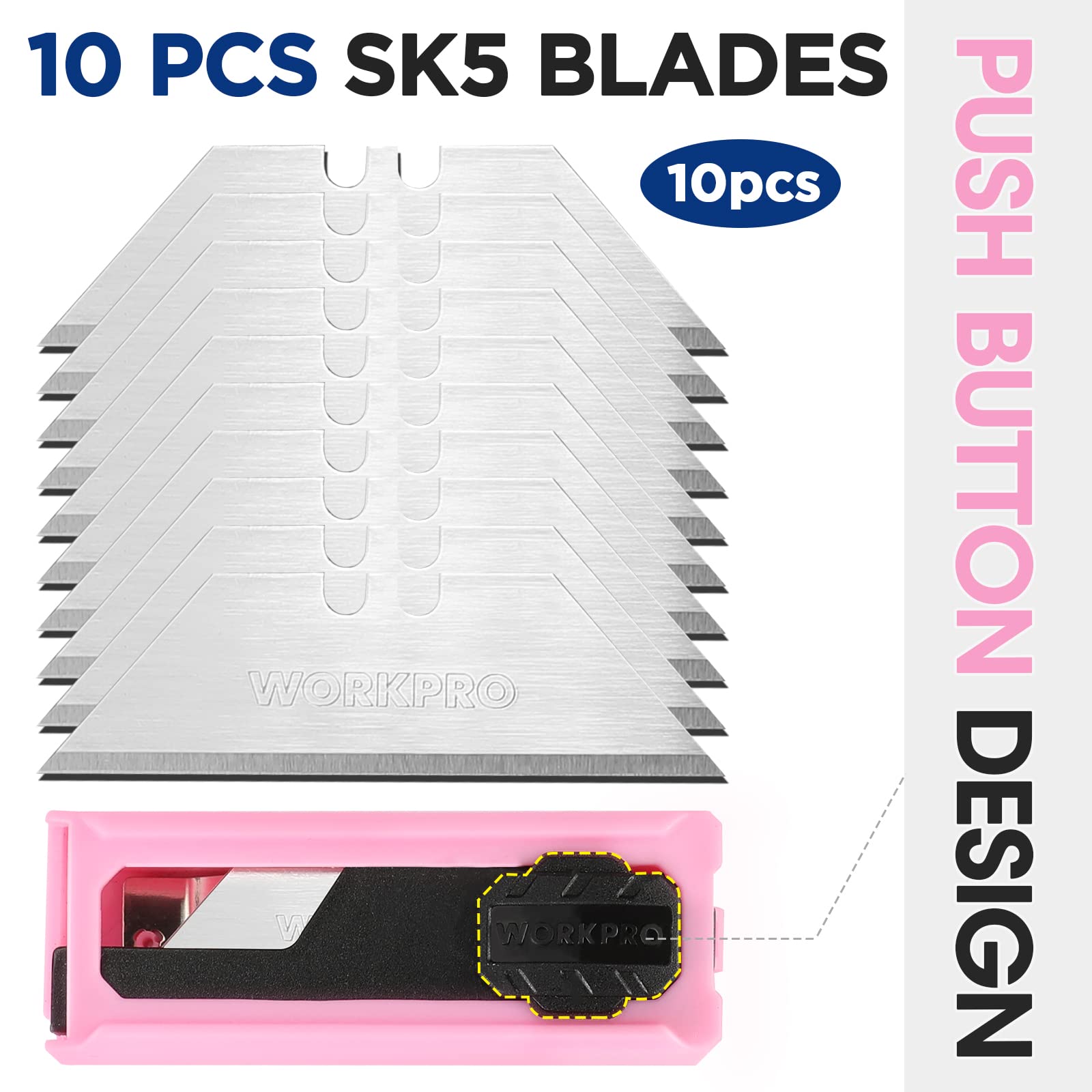 WORKPRO Folding Utility Knife - Quick Change SK5 Box Cutter with Aluminum Handle & 10 Extra Blades - Pink Ribbon Design for Cutting Boxes, Cartons, Cardboard - Perfect for Warehouse, Office, Shipping & Home Use