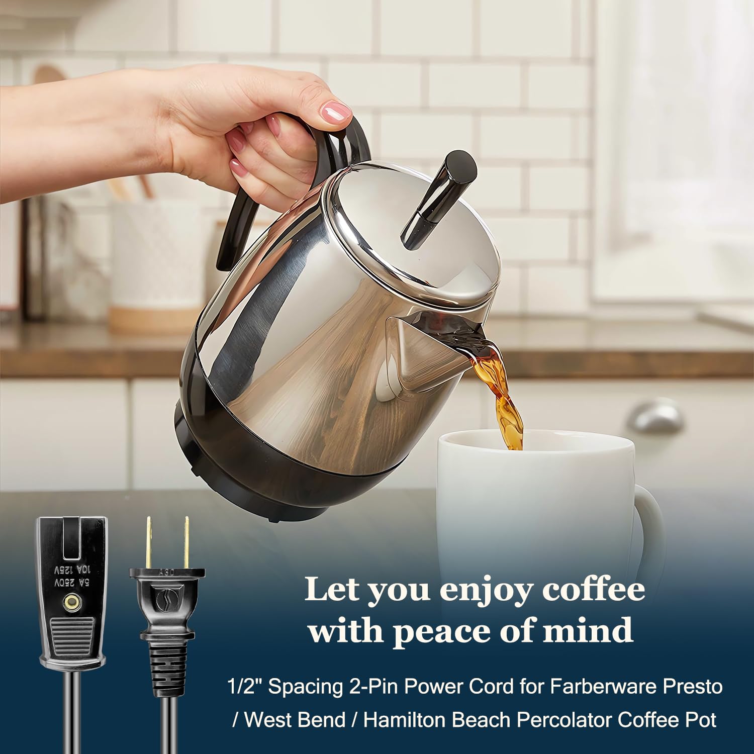 6ft Long 2 Pin 1/2 Inch Spacing Power Cord Replacement for Farberware FCP412 Coffee Pot Percolator - Compatible with Rice Cookers, Slow Cookers & Small Appliances - Perfect for Home & Office Use