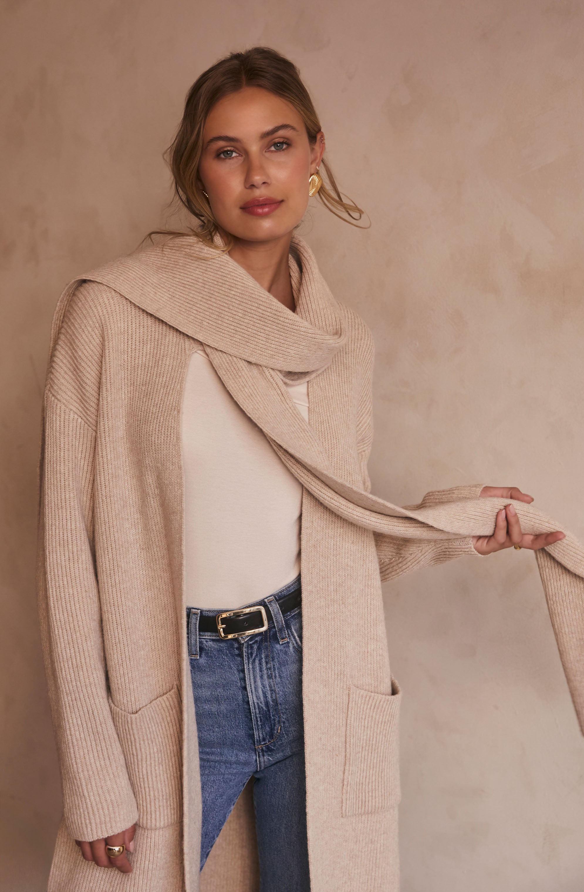 Noemi Ribbed Scarf Cardigan for Women - Soft Knit Open Front Long Wrap Sweater | Perfect for Fall, Winter & Layering Outfits | Office, Date Night & Casual Wear