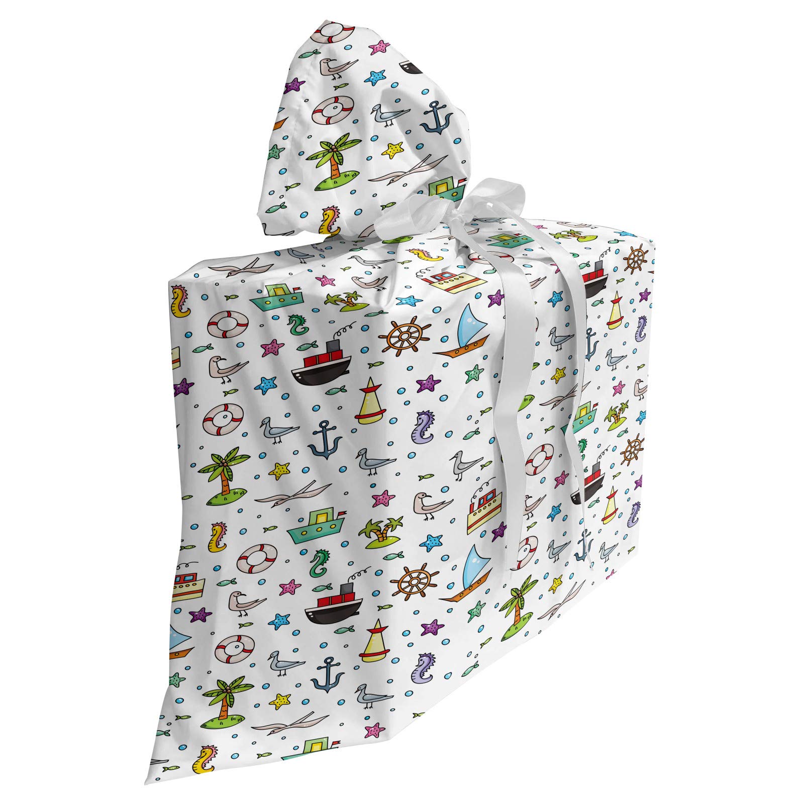 Ambesonne Birds Gift Bag - Nautical Cartoon Design with Ships, Flying Birds, Starfish, Palm Trees & Bubbles - Fabric Party Favor Pouch with 3 Ribbons (27