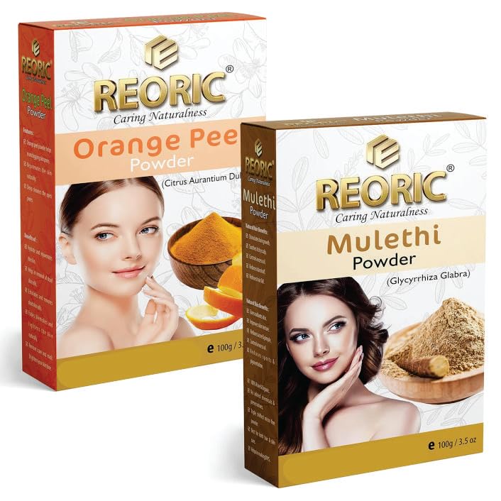 Organic Reoric Mulethi Powder & Orange Peel Powder for Face - Licorice Root Powder for Skin Brightening & Glow - 200g (Pack of 2) - Natural Face Mask & Exfoliator for Acne, Dark Spots & Dull Skin