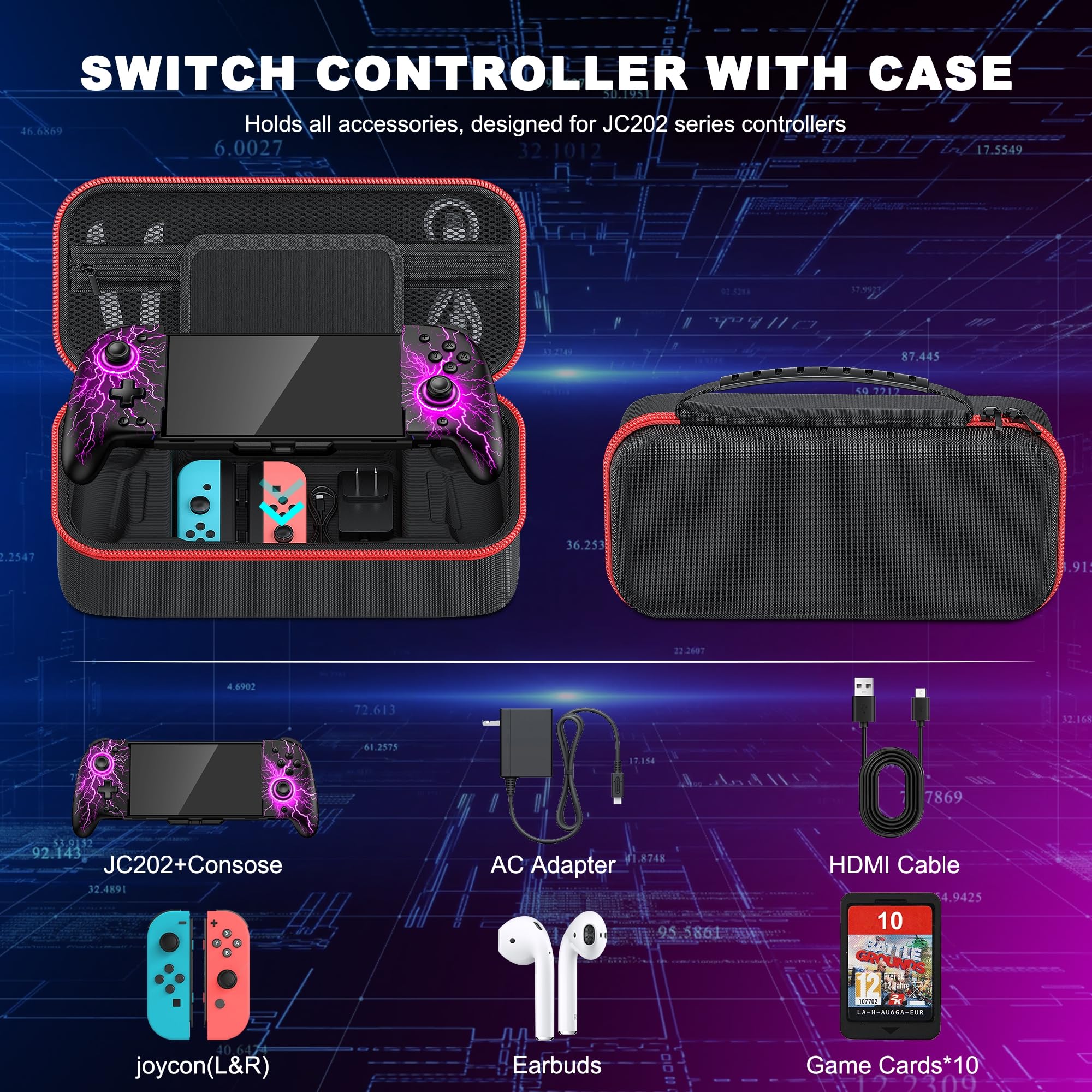 Hall Effect Wireless Pro Controller for Nintendo Switch & OLED - Ergonomic Joypad with Custom Travel Case (Black-Lightning) | Perfect for Handheld Gaming, Travel & Competitive Play