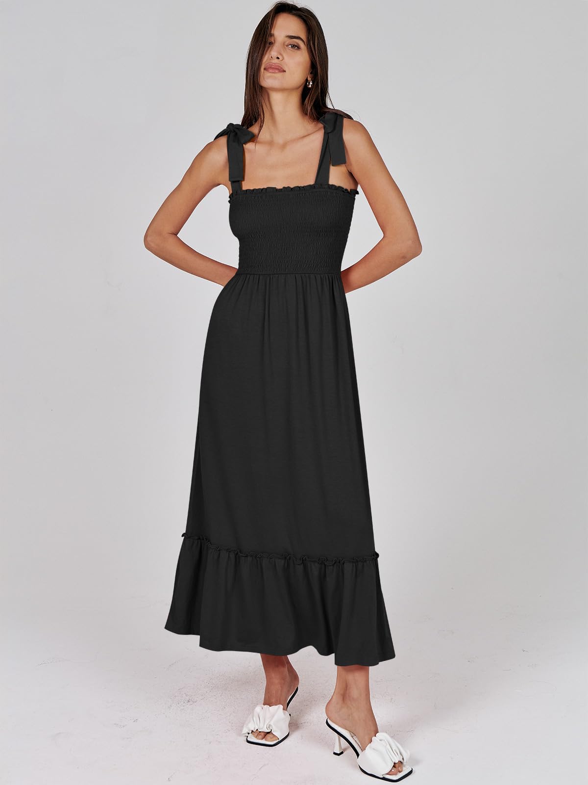 ANRABESS Women's Summer Casual Strap Smocked Maxi Dress - Flowy Tiered A-Line Sundress for Beach, Travel, Wedding Guest & Outdoor Occasions