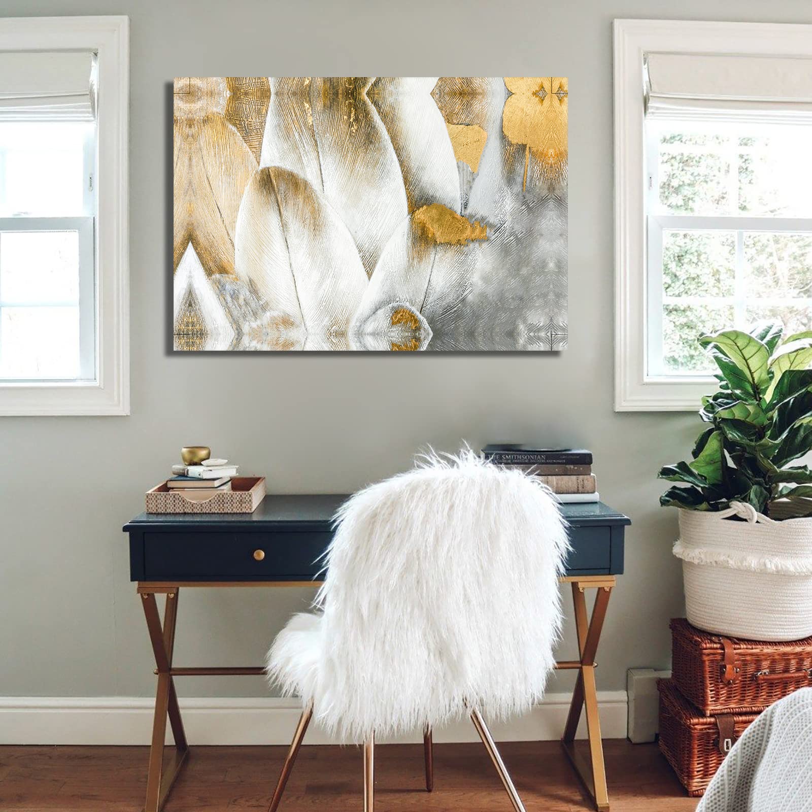 Abstract Gold Feather Wall Art - Grey & White Canvas Painting, Framed Ready to Hang Home Decor for Living Room & Bedroom | Modern Feather Poster Artwork for Housewarming Gift & Interior Design