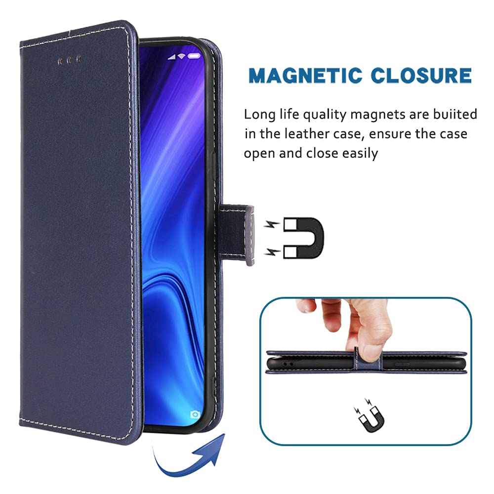 Premium Leather Wallet Case for Xiaomi Mi 9T/Mi 9T Pro/Redmi K20/K20 Pro - Flip Cover with Card Holder, Wrist Strap & Stand Function (Blue) - Perfect for Daily Use, Travel & Hands-Free Viewing