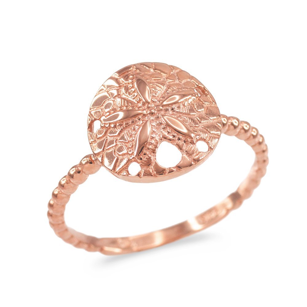 10k Rose Gold Sand Dollar Beaded Band Ring - Elegant Beach Wedding Jewelry for Women, Perfect for Brides, Bridesmaids, and Beach Lovers