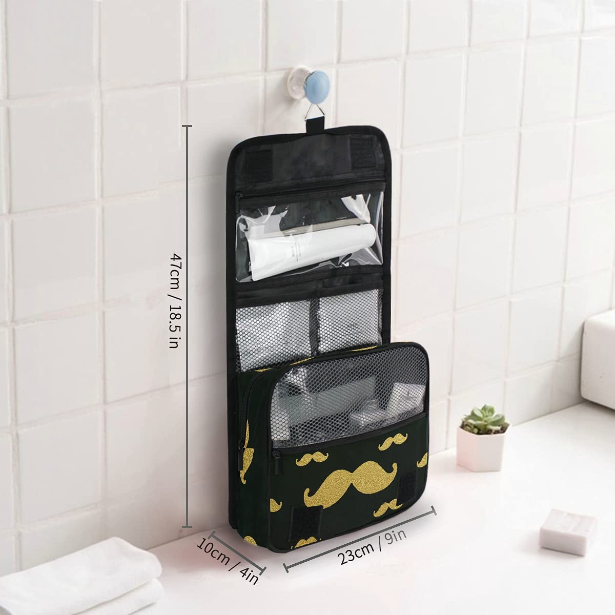 Susiyo Hanging Toiletry Bag - Gold Mustache Travel Cosmetic Organizer for Women | Waterproof Makeup Bag for Bathroom, Gym & Vacation Essentials