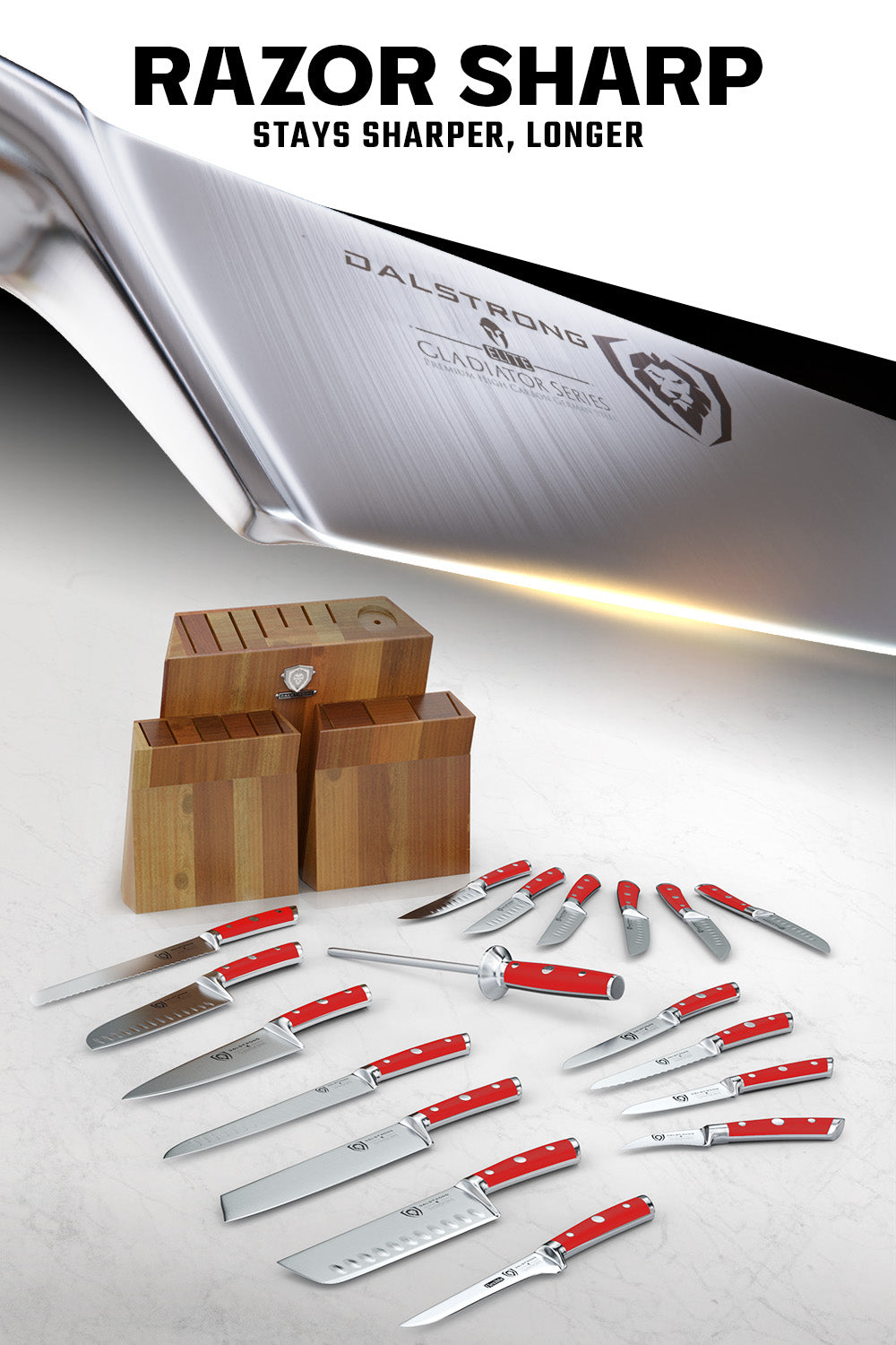 18-Piece Colossal Knife Set with Wooden Block - Red Handles Gladiator Series - NSF Certified Professional Kitchen Knives by Dalstrong - Perfect for Home Chefs & Culinary Enthusiasts