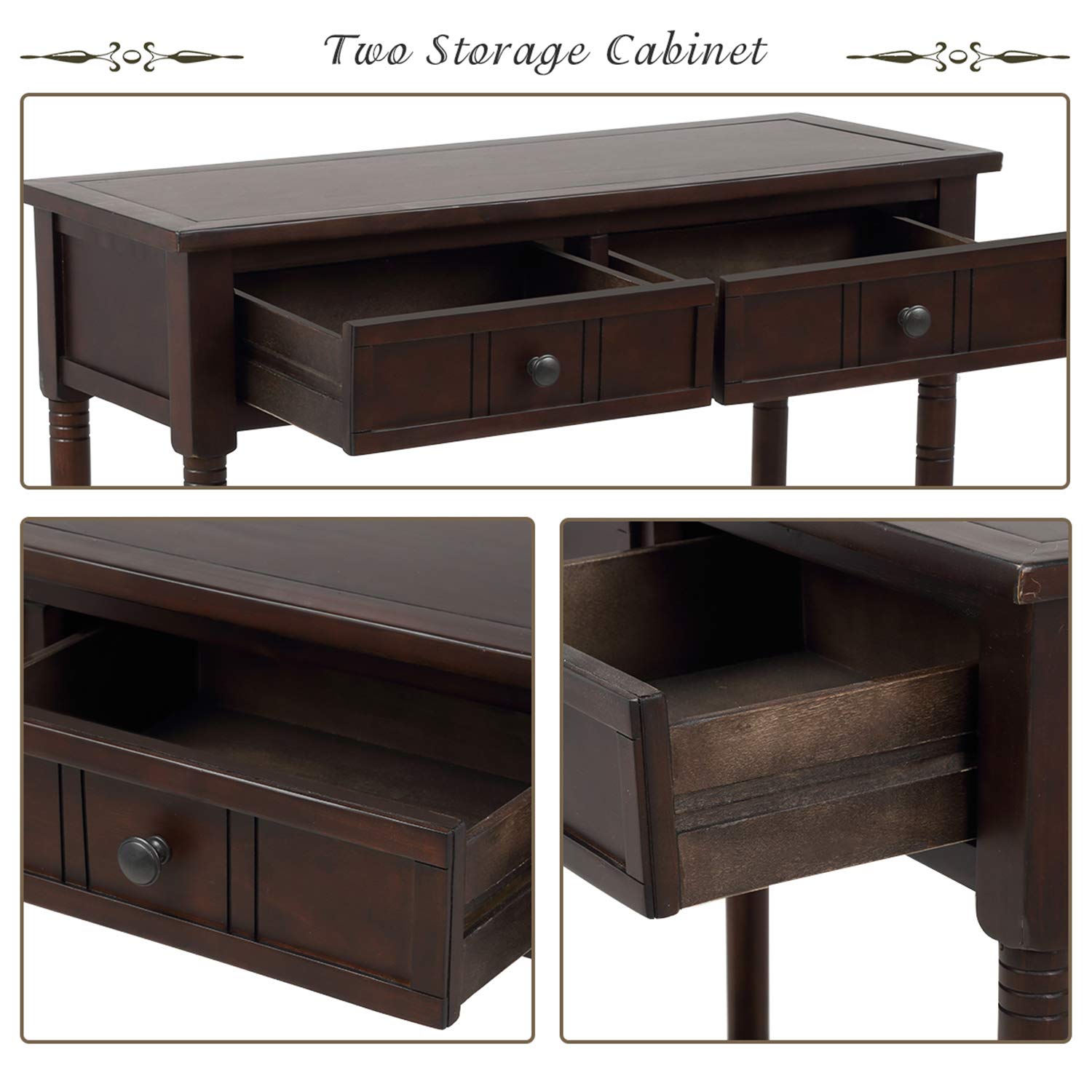 Antique Style Wooden Sofa Table with 2 Drawers & Bottom Shelf - Dark Espresso Console Table for Living Room, Entryway & Hallway | P PURLOVE Home Decor Furniture