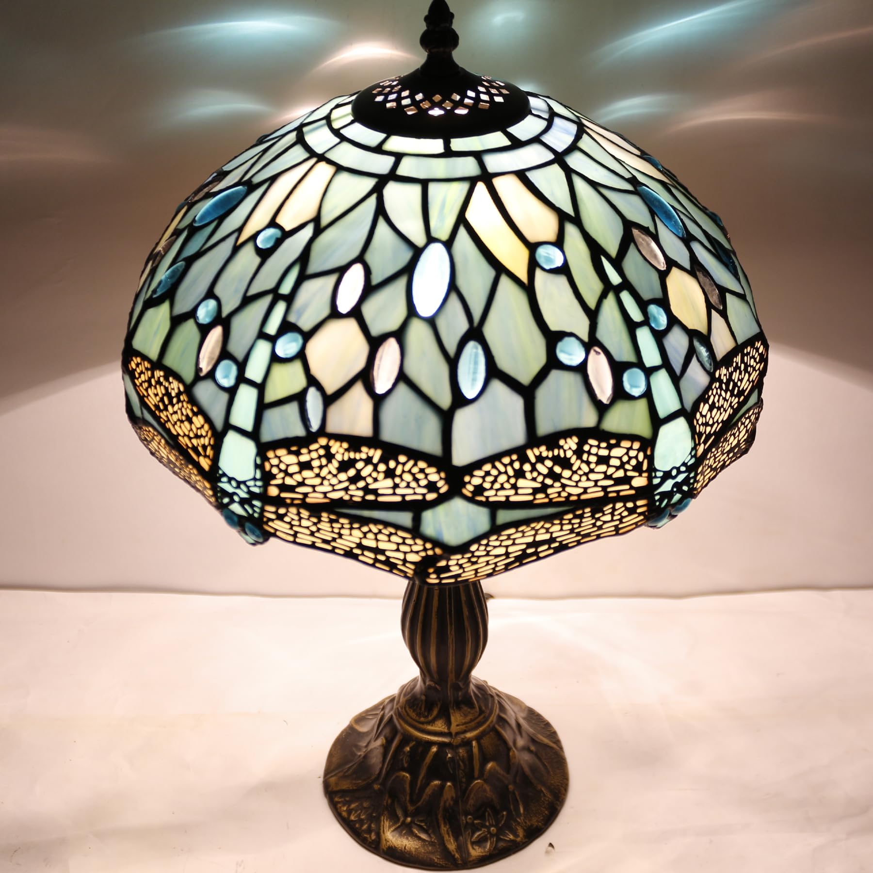 Tiffany Style Table Lamp 12x18 Inch with LED Bulb - Sea Blue Stained Glass Dragonfly Shade & Antique Base - Desk Lamp for Reading, Living Room, Bedroom, Study or Bar - Perfect Home Decor and Gift Idea for Art Lovers