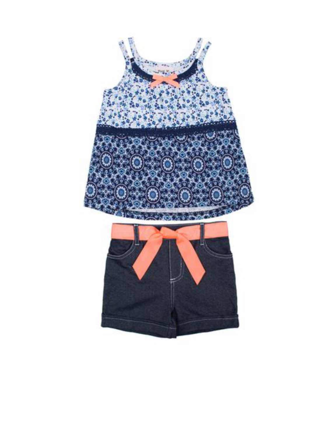Little Lass Infant Girls Blue Floral Gauze Top & Knit Denim Shorts Set - 12 Months Outfit for Summer Playdates & Photo Shoots