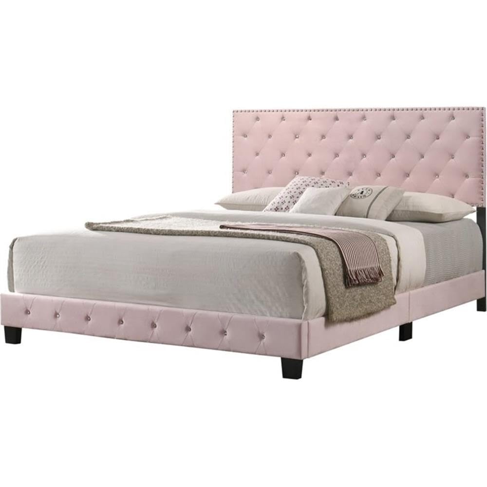 Glory Furniture Suffolk Velvet Upholstered King Size Bed Frame in Pink - Luxurious Bedroom Furniture for Master Suite & Guest Room