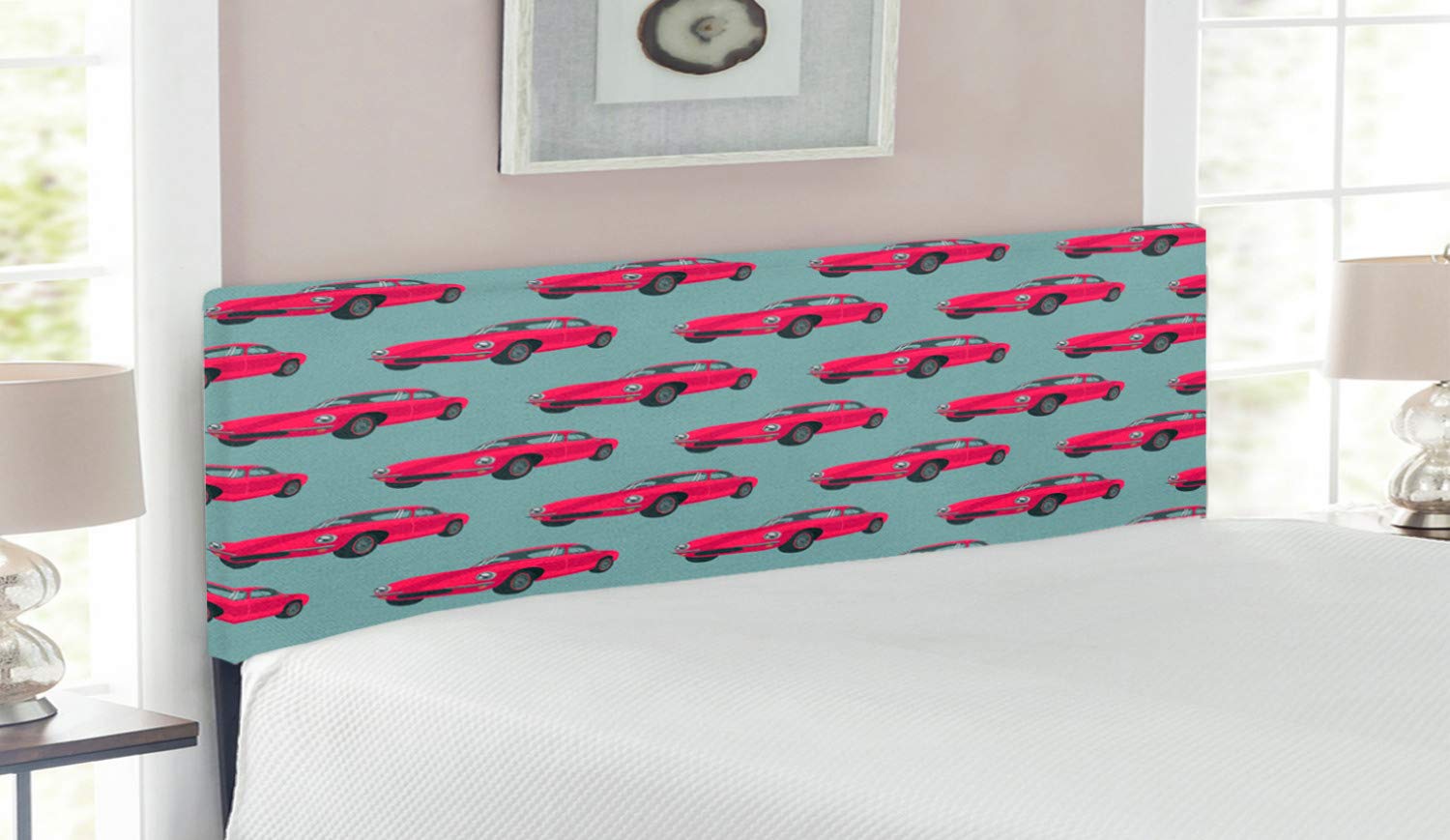 Ambesonne Vintage Red Retro Sports Cars Headboard - 1950s 1960s Classic Vehicle Design, Upholstered Metal Bed Headboard with Memory Foam - Queen Size in Pink & Slate Blue | Perfect for Classic Car Lovers' Bedroom Decor & Themed Guest Rooms