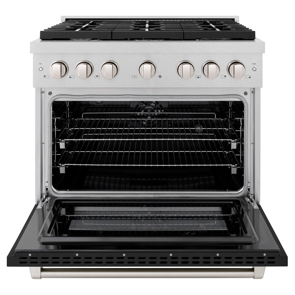 ZLINE 36-inch 5.2 cu. ft. Dual Fuel Range with 6-Burner Gas Cooktop & Convection Oven - Satin Stainless Steel with Black Matte Door (SDRS BLM 36) - Perfect for Modern Kitchens & Professional Cooking