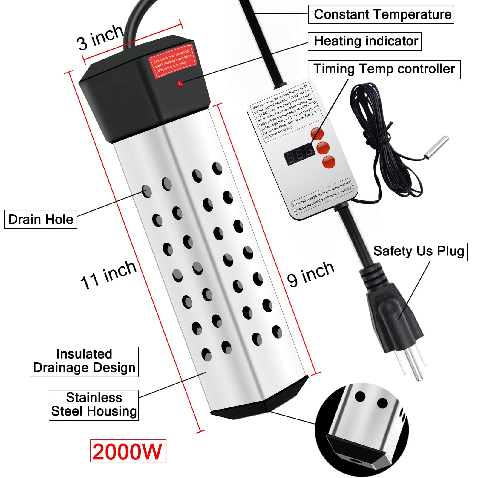 2000W Portable Immersion Water Heater with LCD Thermostat - 304 Stainless Steel Guard & Anti-Scalding Design - Heats 5 Gallons in Minutes - Perfect for Camping, Travel, and Emergency Hot Water Needs