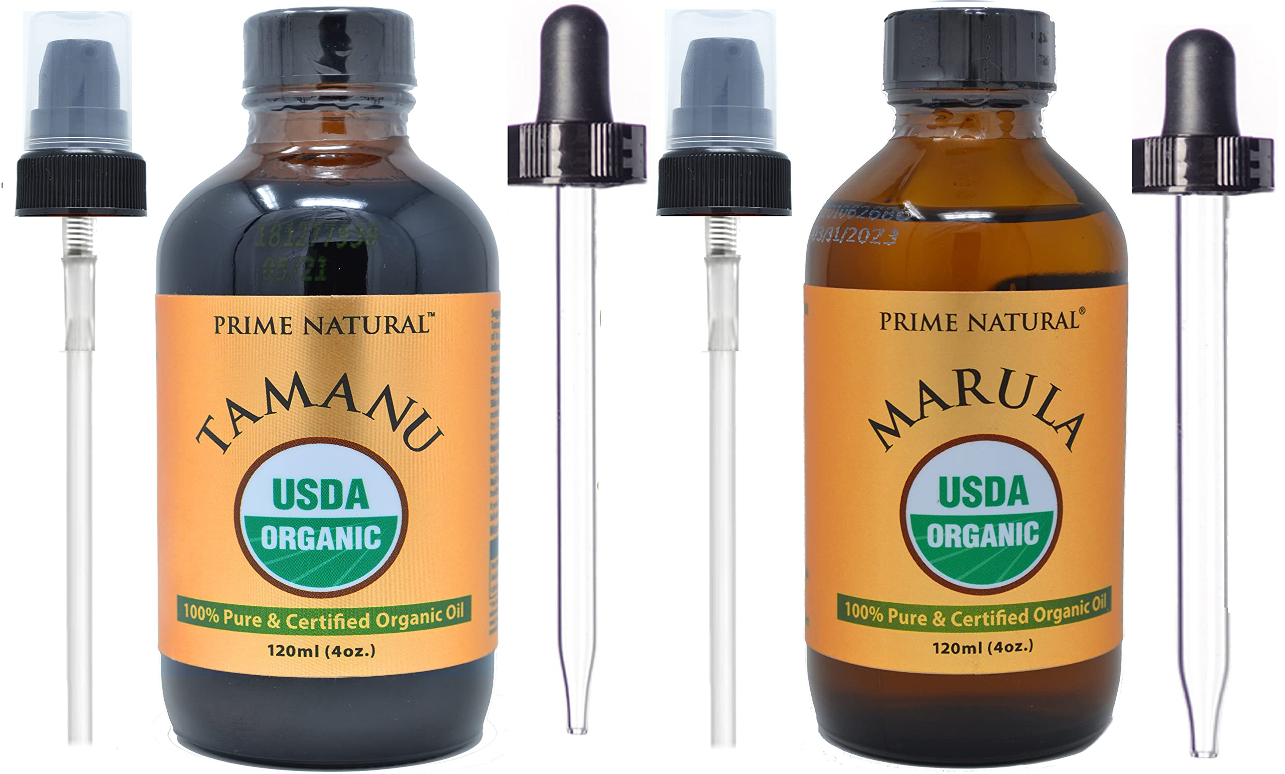 PRIME NATURAL Organic Tamanu Oil & Organic Marula Oil Bundle (4oz Each) - USDA Certified, Cold Pressed, Virgin, Unrefined - Vegan Face, Hair & Skin Care - Natural Moisturizer for Dry Skin, Acne Treatment & Anti-Aging - Perfect for Daily Skincare Routine & DIY Beauty Recipes