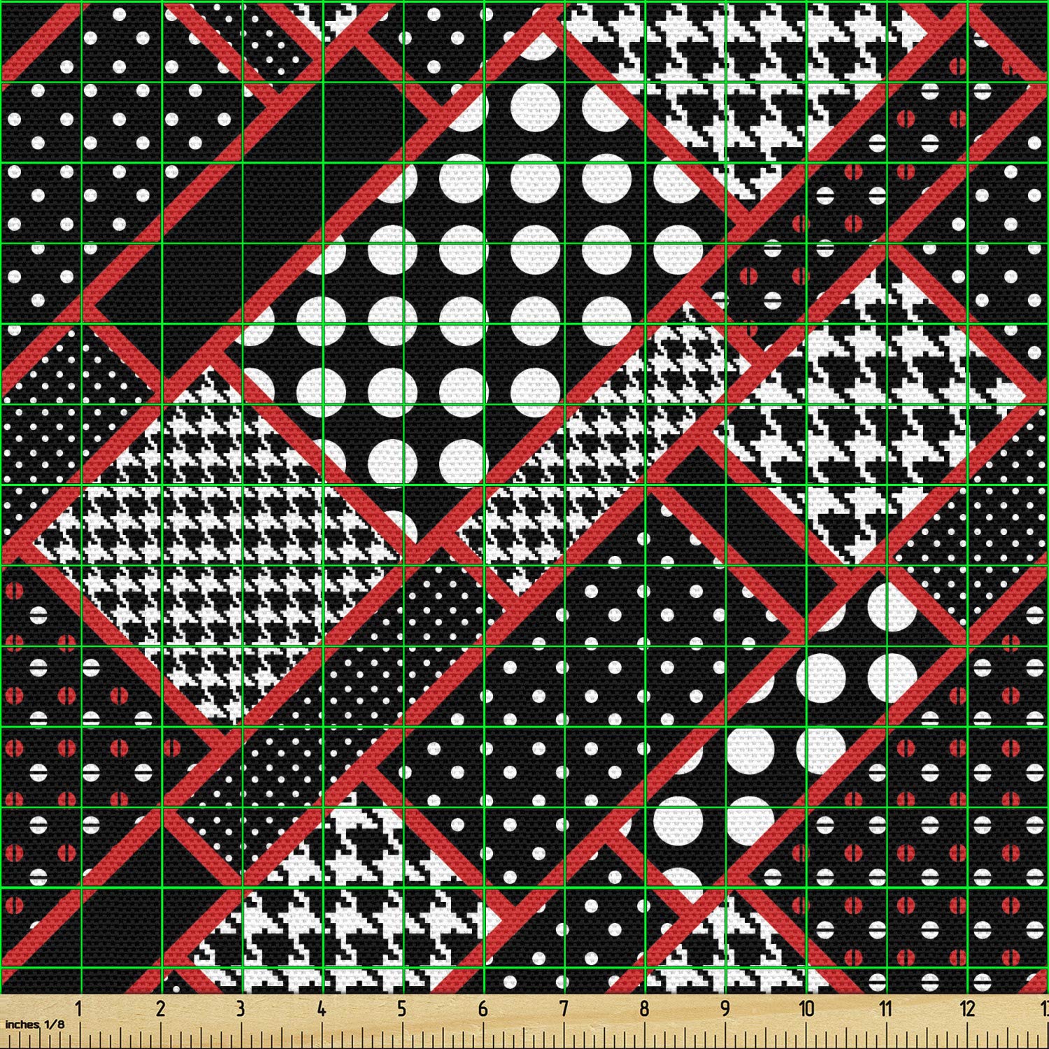 Ambesonne Red and Black Geometric Fabric by The Yard - Retro Rectangle Frames, Polka Dots & Houndstooth Pattern - Upholstery & Home Decor Material (10 Yards, Black/White/Scarlet) - Perfect for Sofa Covers, Curtains & DIY Craft Projects