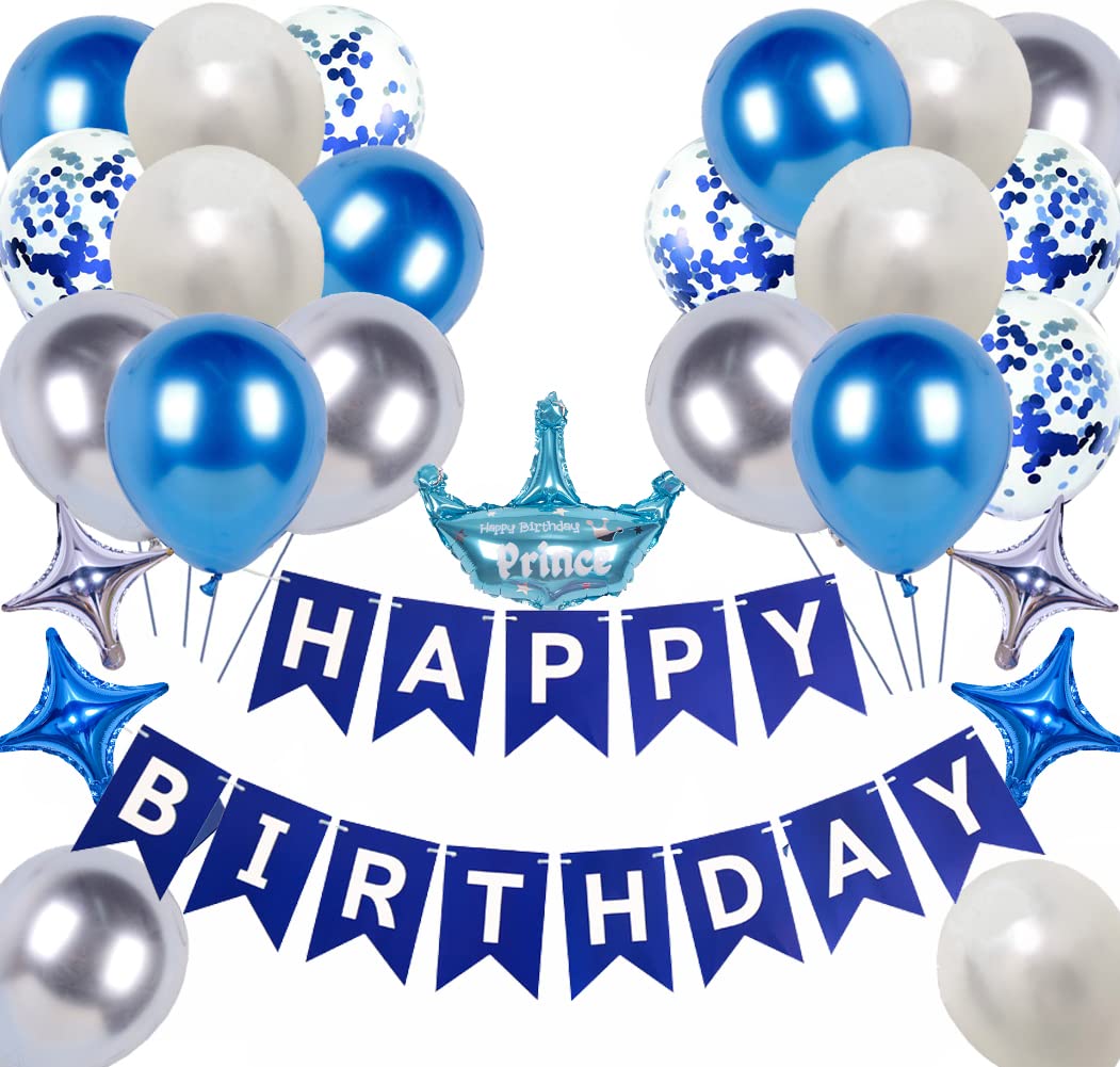 Happy Birthday Banner & Balloon Decorations Set - Navy Blue Party Bunting, Latex Balloons & Confetti for Men, Women & Boys Birthday Celebrations | Perfect for Indoor & Outdoor Birthday Parties, Baby Showers & Anniversary Decor