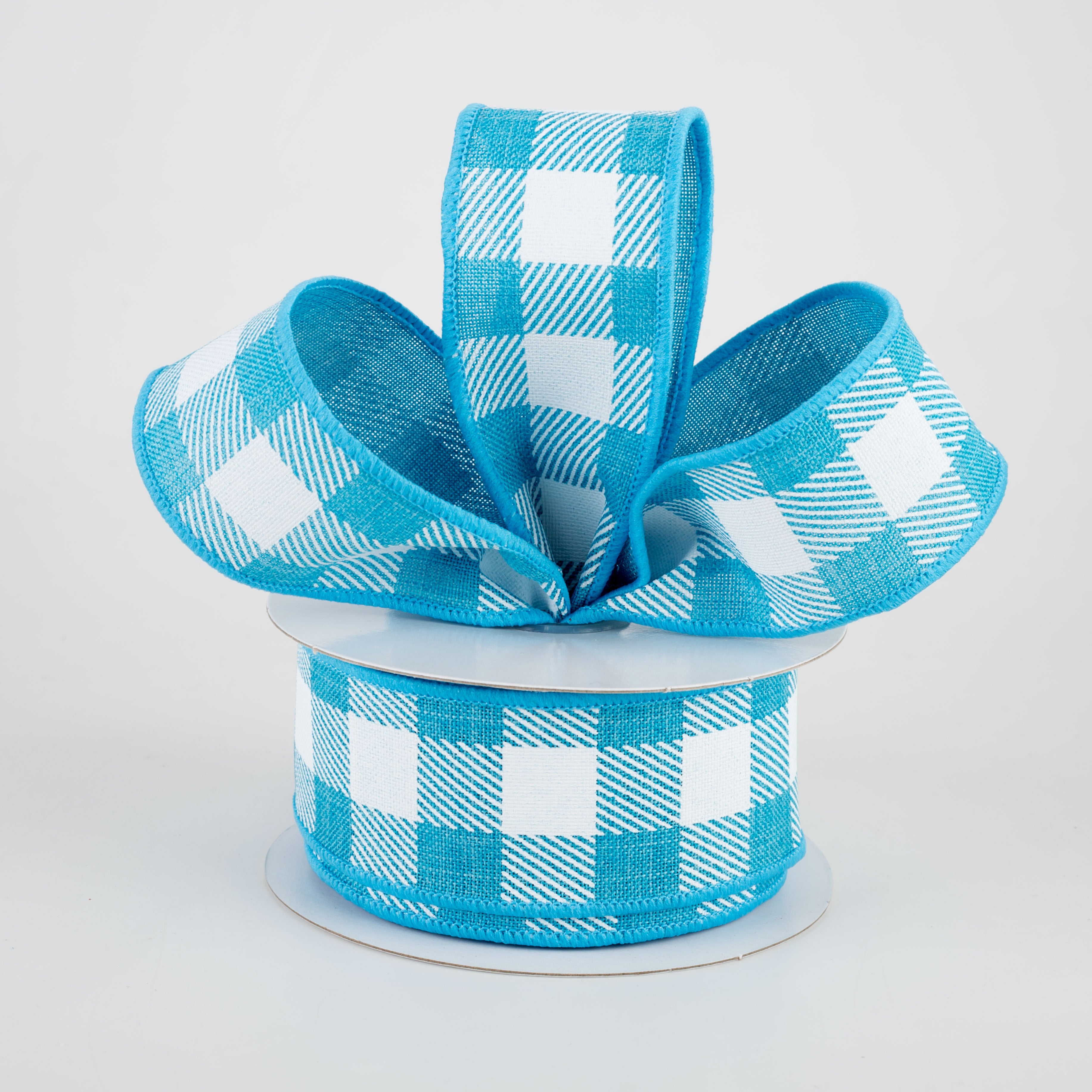1.5 Inch Printed Plaid Check Ribbon - Turquoise and White Cotton Craft Ribbon (10 Yards) for Gift Wrapping, DIY Crafts, Hair Bows, and Home Decor