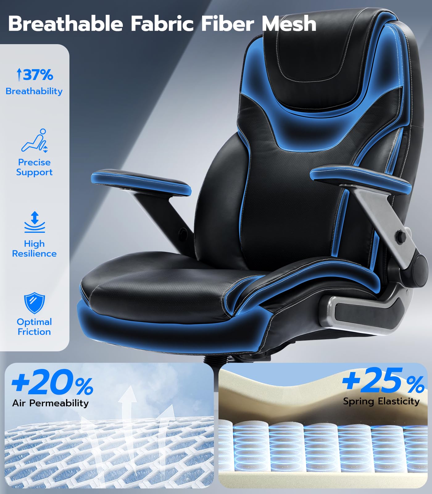 Big and Tall Office Chair with 5D Adjustable Arms - 600lbs Capacity Ergonomic Executive Chair with Adjustable Lumbar Support - Heavy Duty Managerial Chair in Fabric & PU Leather - Perfect for Home Office, Gaming, and Professional Workspaces