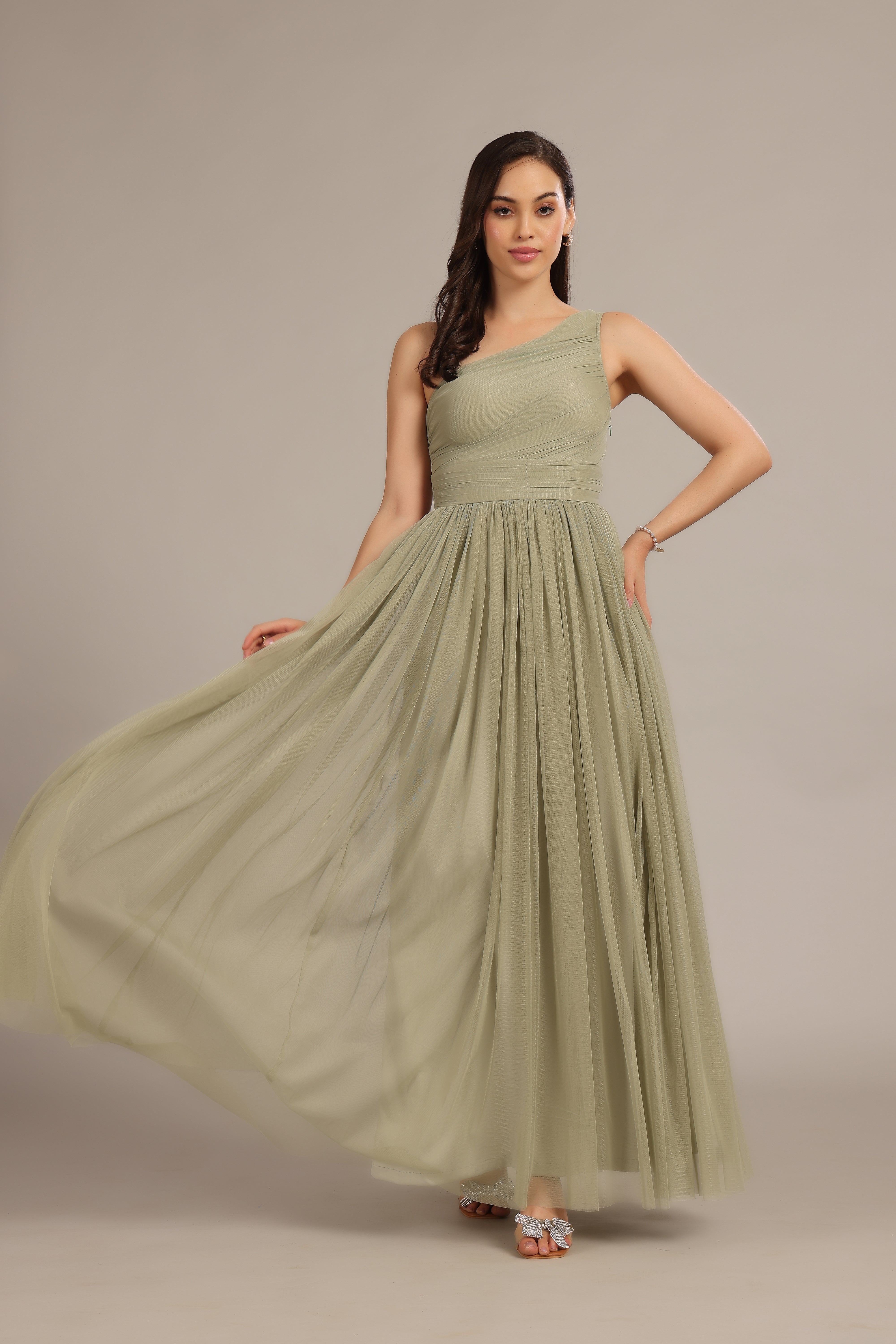 Elegant One Shoulder Maxi Dress in Dusty Sage Green - Perfect for Beach Vacations, Summer Weddings & Evening Parties