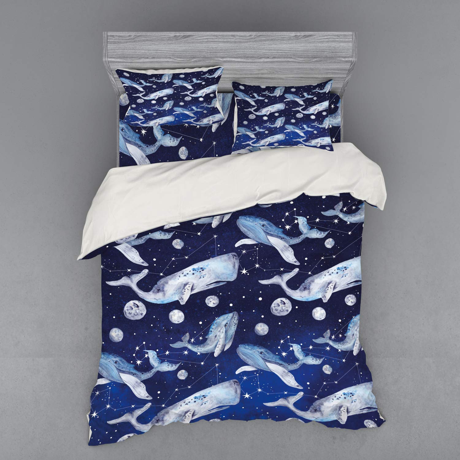Ambesonne Whale Duvet Cover Set - 4 Piece Queen Size Bedding with Fitted Sheet & Shams, Outer Space Cosmos Design Featuring Whales, Fishes and Planets in Navy Purple Grey - Perfect for Kids' Rooms, Themed Bedrooms and Astronomy Lovers