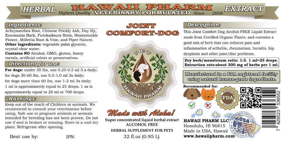HawaiiPharm Joint Comfort for Dogs - Alcohol-Free Liquid Herbal Supplement, 2x32 oz - Natural Veterinary Support for Joint Health & Mobility - Ideal for Senior Dogs & Active Pets