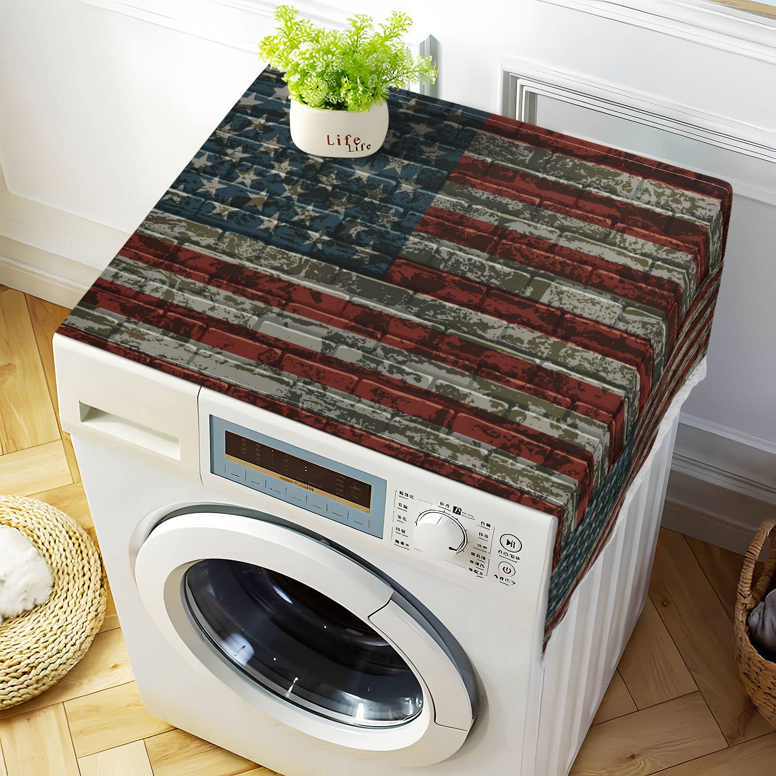 American USA Flag Stripe Washing Machine Cover - 51''x22'' Non-Slip Washer Dryer Top Mat, Waterproof Dustproof Front Load Refrigerator Cover with 4 Storage Bags | Perfect for Laundry Room, Basement & Home Decor