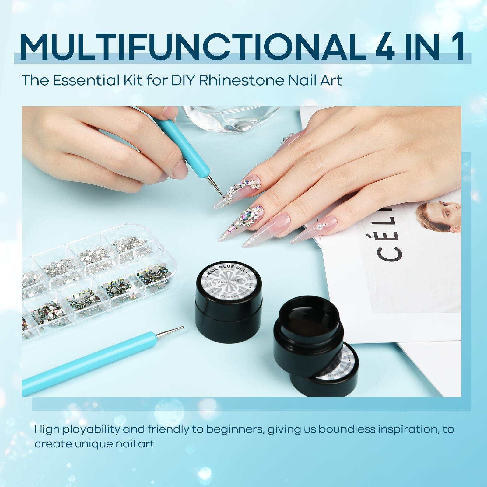 Modelones Professional UPF99+ UV Protection Gloves & Rhinestone Nail Glue Kit - No Wipe Gem Glue, Super Strong Adhesive Gel with Nail Charms & Dual-Use Brush for Nail Art, DIY Manicures at Home or Salon