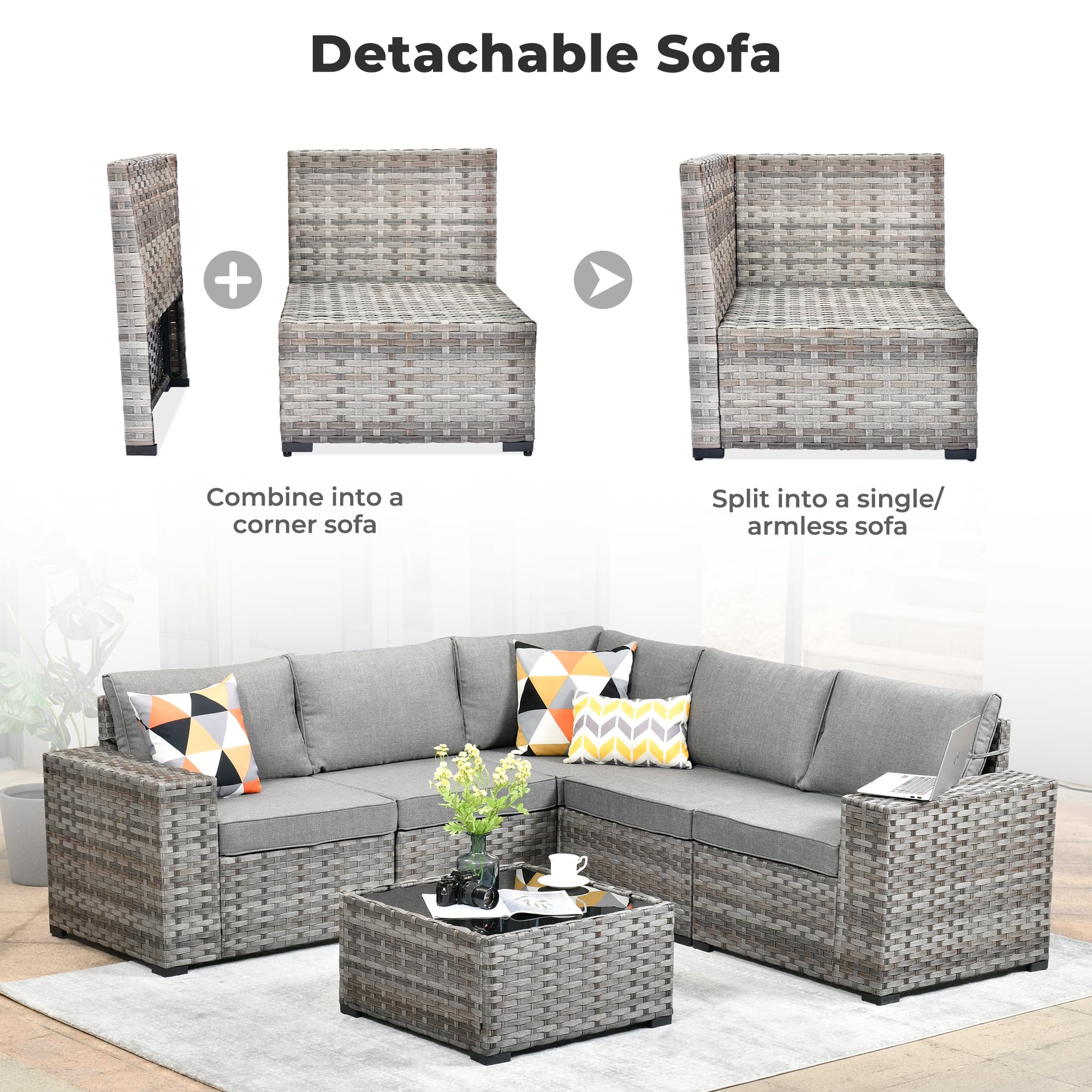6-Piece Outdoor Patio Furniture Set - Modern Modular Wicker Rattan Sectional Sofa with Deep Seats & Comfy Cushions - Dark Grey Conversation Set for Backyard, Poolside & Garden Relaxation