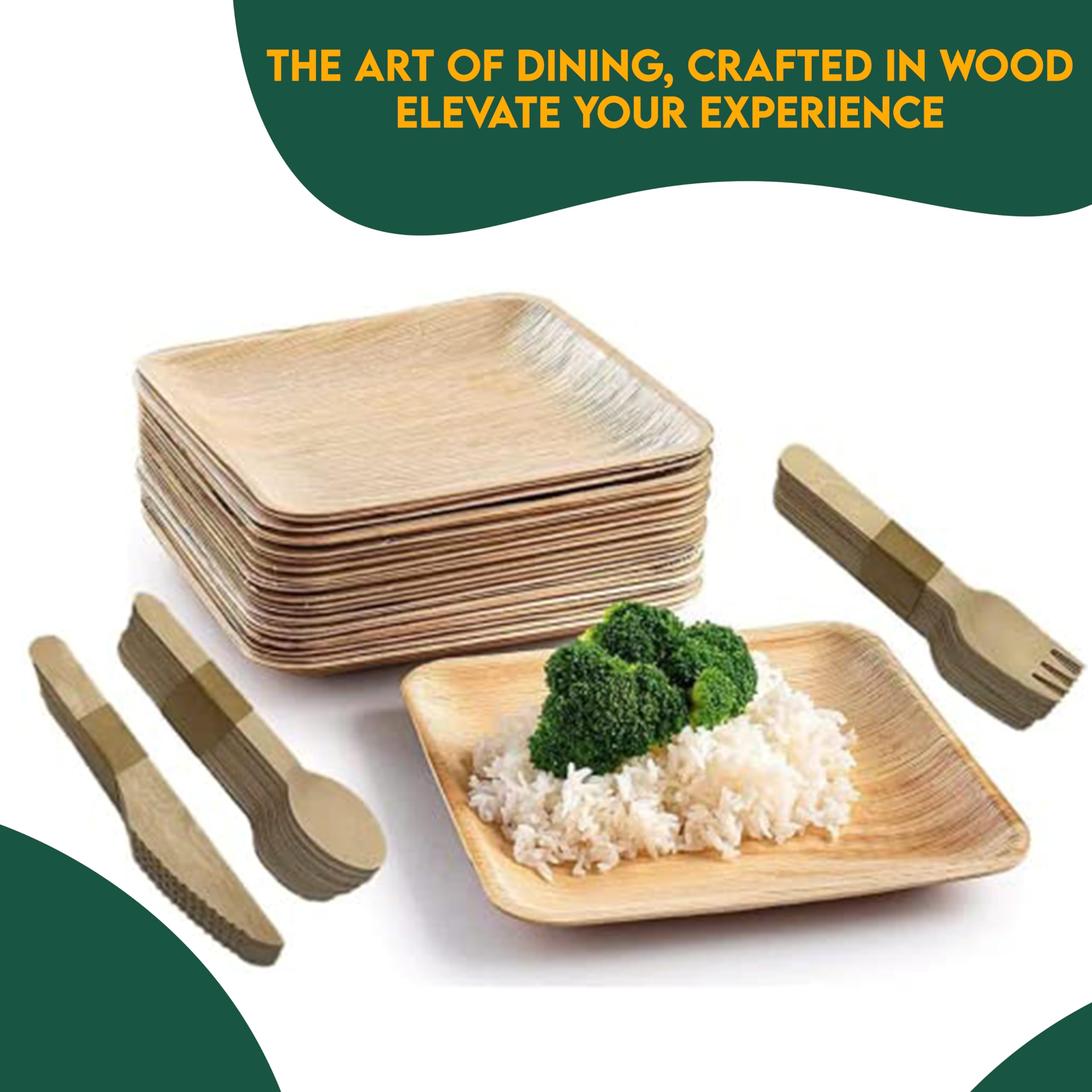 Eco-Friendly 230-Piece Party Dinnerware Set - 50 Palm Leaf Plates, 60 Wood Forks, 60 Knives, 60 Spoons | 6