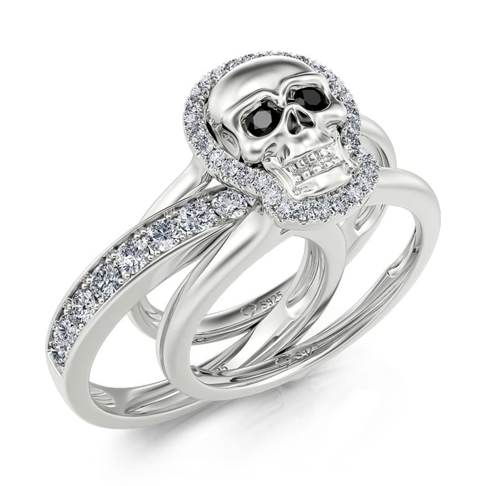Jeulia Sterling Silver Skull Engagement Ring Set with Cubic Zirconia - Interchangeable Promise & Eternity Bands - Wedding, Anniversary, Bridal Jewelry Gift Box - Perfect for Gothic Weddings, Alternative Proposals & Unique Couple Rings