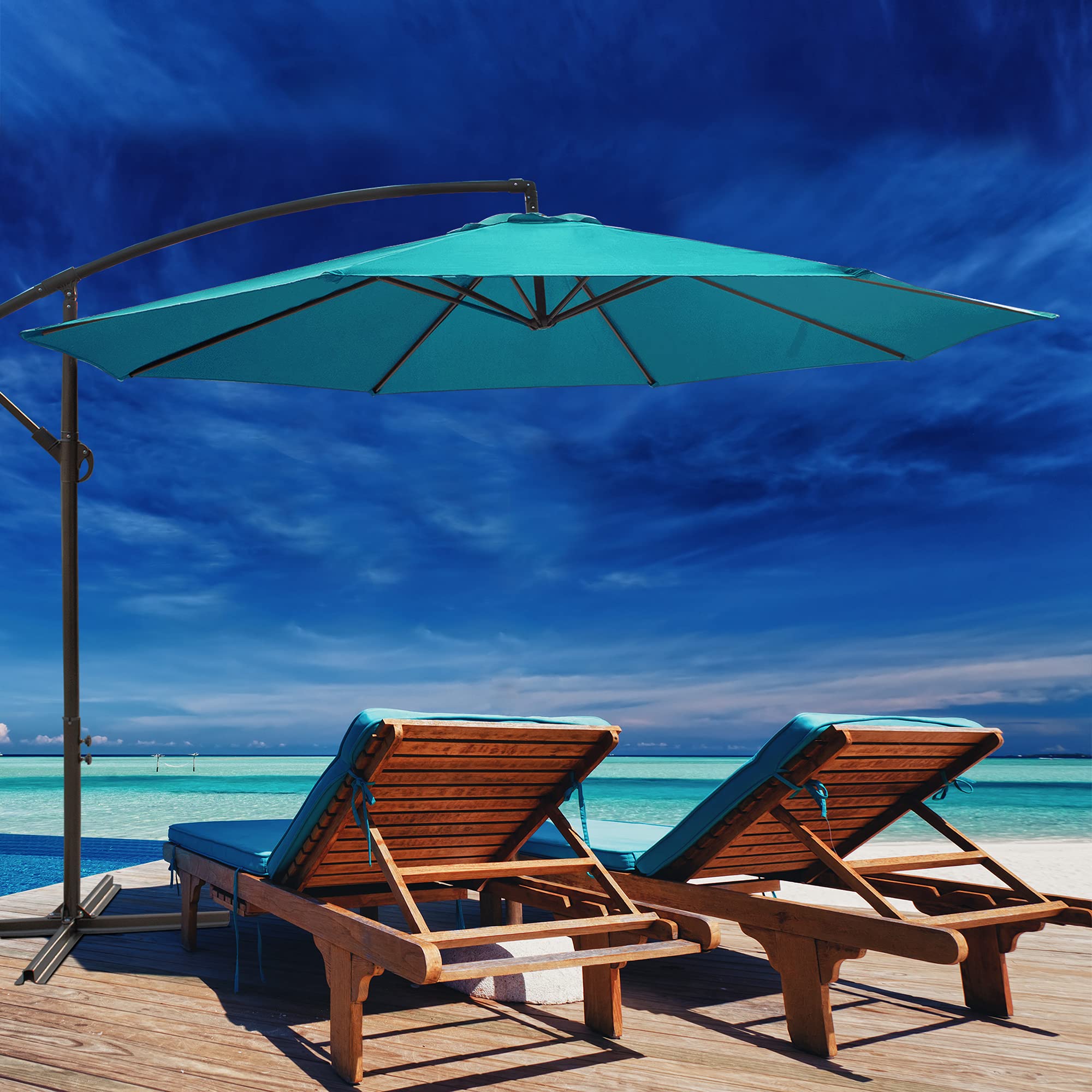 10FT Offset Cantilever Patio Umbrella with Crank & Cross Base - Turquoise Outdoor Market Umbrella for Backyard, Poolside, Garden - Perfect for Shade by LAUREL CANYON