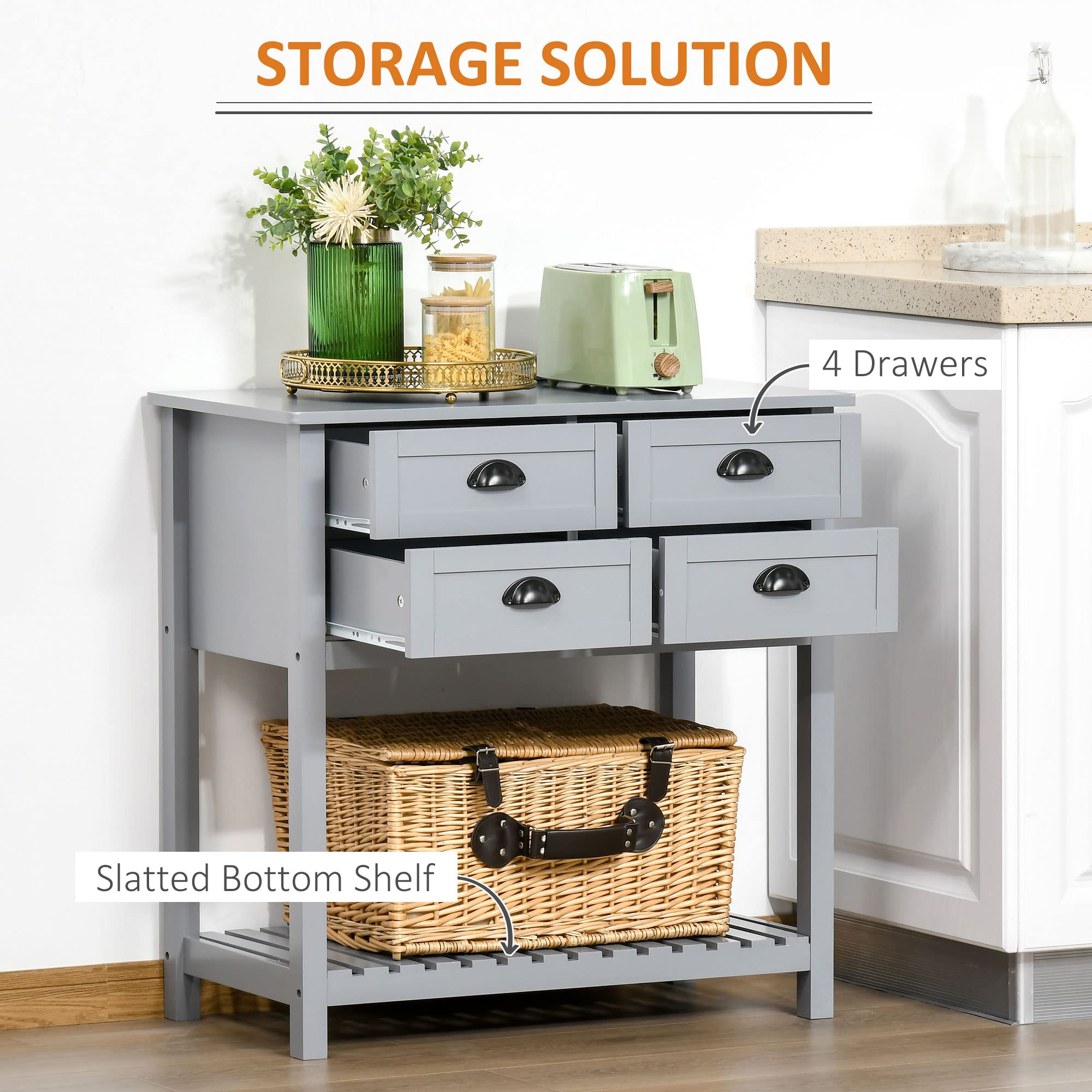 HOMCOM Gray Coffee Bar Cabinet - Kitchen & Living Room Sideboard Buffet with 4 Drawers & Slatted Bottom Shelf | Perfect for Home Bar Setup, Dining Room Storage & Small Space Organization
