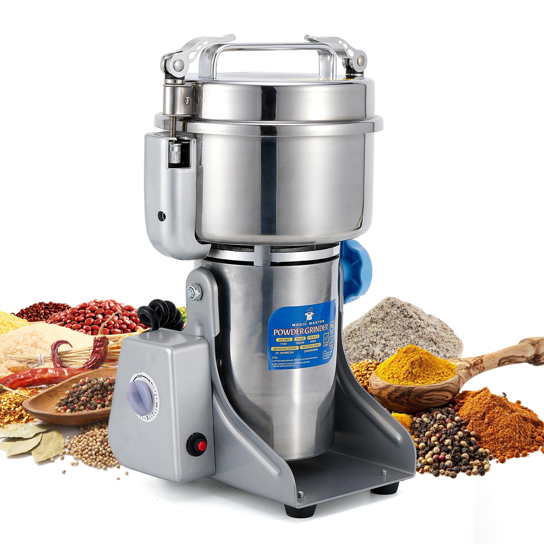 Magic Master 500g Electric Grain Mill Grinder - 1800W High-Speed Commercial Spice Grinder | Stainless Steel Safety Dry Grinder for Flour, Wheat, Nuts, Corn, Rice, Pepper, Herbs & Coffee Beans | Perfect for Bakeries, Restaurants & Home Kitchens (110V, Swing Type)