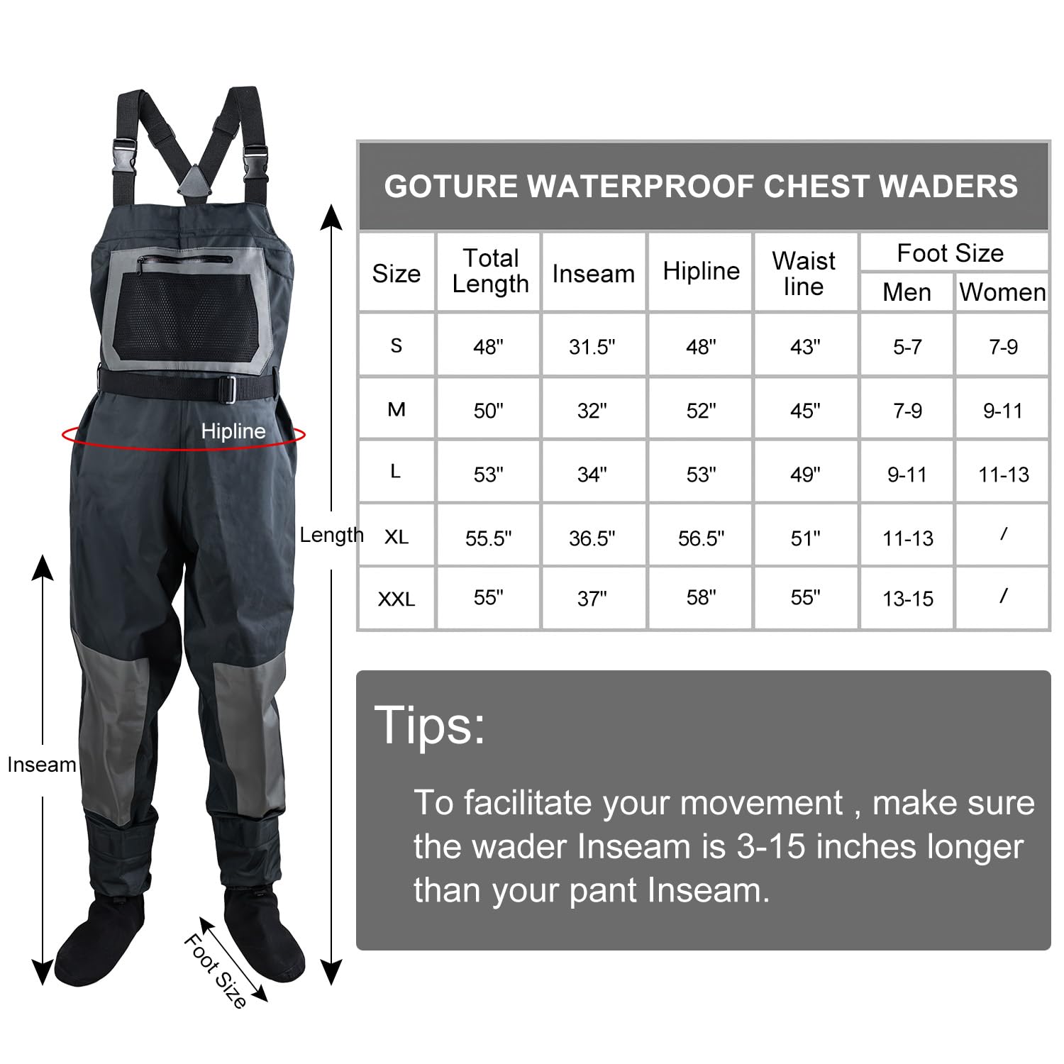 Goture Breathable Chest Waders for Men & Women - Waterproof Fishing & Duck Hunting Stocking Foot Waders - Ideal for Fly Fishing, Stream Wading, and Waterfowl Hunting Adventures
