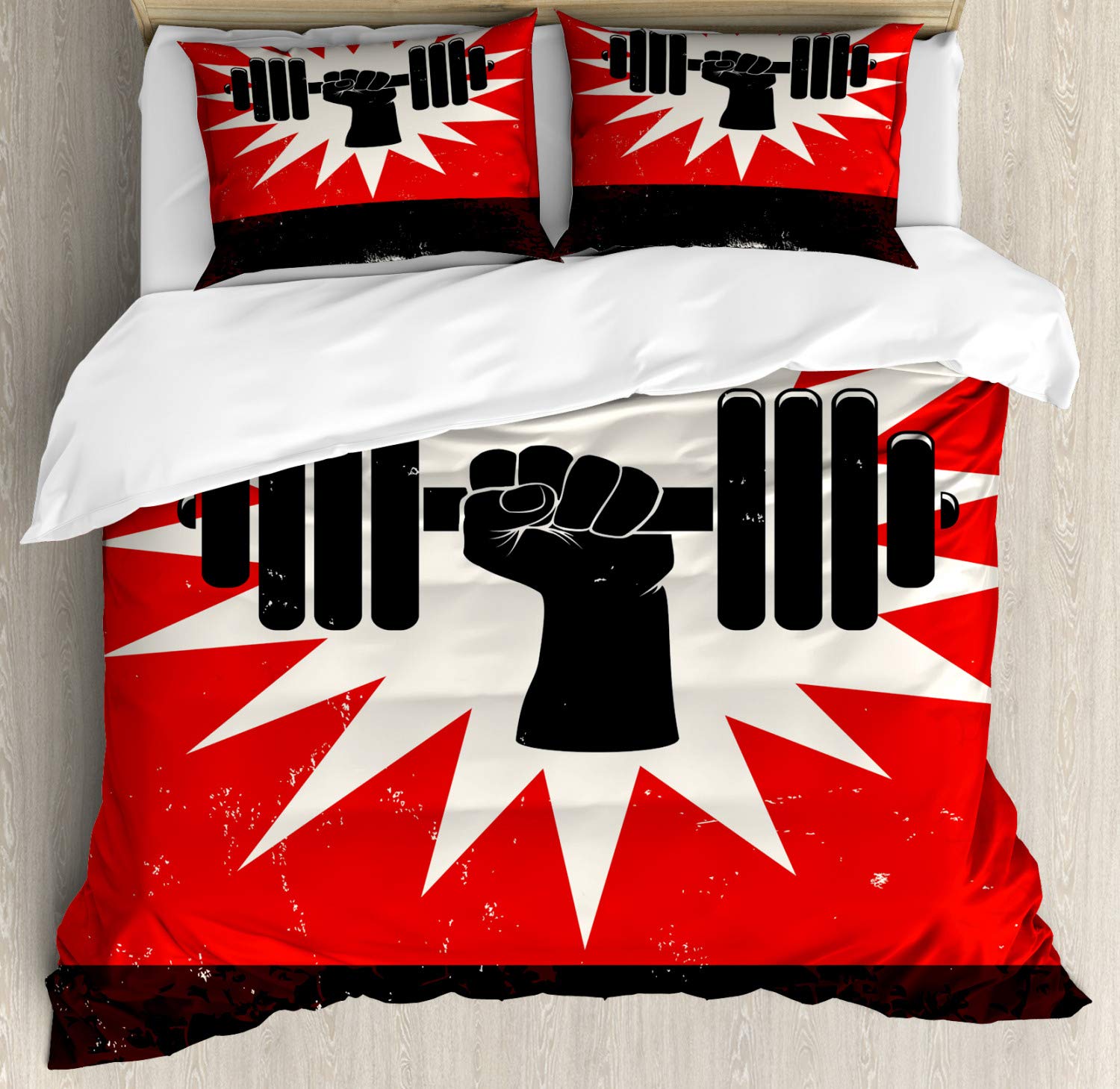 Ambesonne Fitness Duvet Cover Set - Vintage Workout Design with Dumbbell Print, 3-Piece Bedding Set (California King) in Vermilion Black Cream | Perfect for Gym Lovers' Bedroom & Fitness Themed Decor