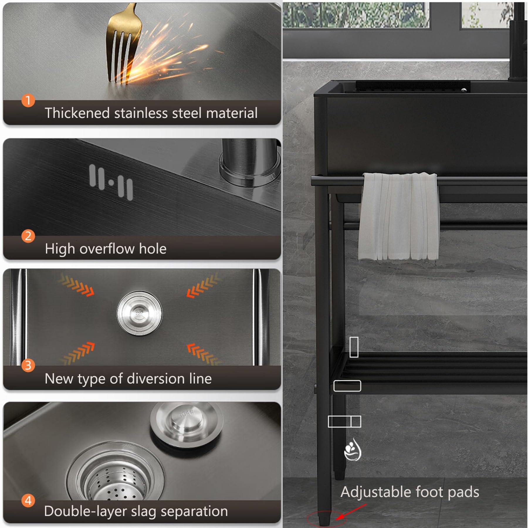 Stainless Steel Utility Sink with Cabinet - Freestanding Single Bowl Kitchen Sink for Prep, Laundry & Pet Washing | Includes Faucet | Ideal for Garage, Outdoor Kitchen, Commercial Use & Workshop (Black)