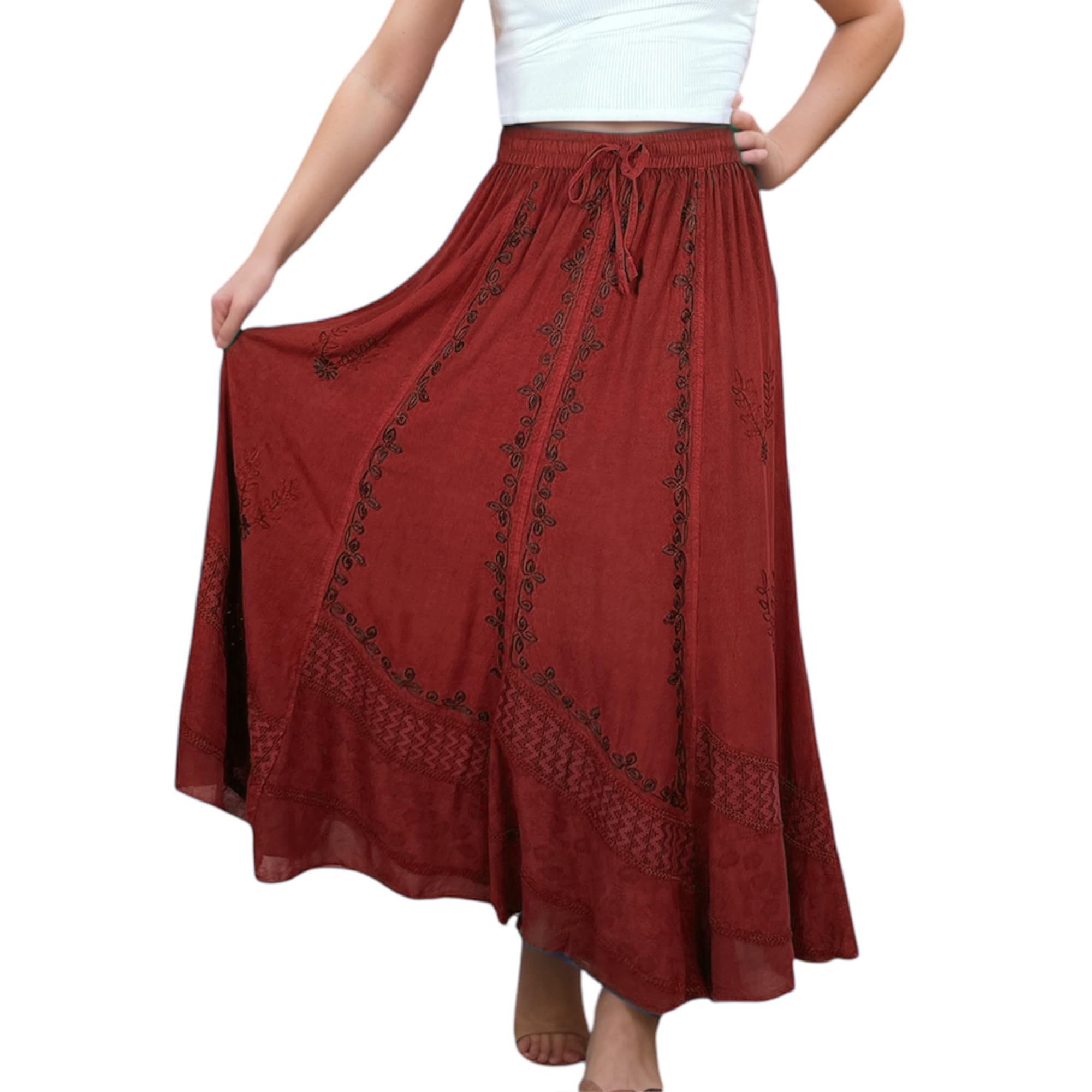 2025 Spring Women's Boho Flare Maxi Skirt with Elastic Waistband & Renaissance Embroidery | Agan Traders Long Bohemian Skirt for Festival, Beach, and Casual Wear