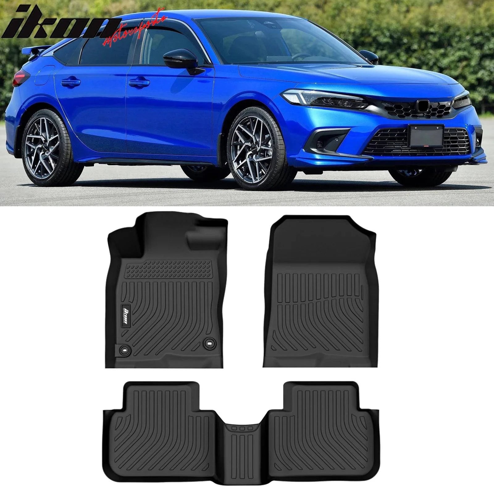 IKON 3D Molded All-Weather Floor Mats for 2022-2024 Honda Civic & 2023-2024 Acura Integra - TPE Thermo Plastic Elastomer Front Rear Seat Protectors (3PC Set, Black) - Perfect for Daily Commuting, Road Trips and All-Season Protection