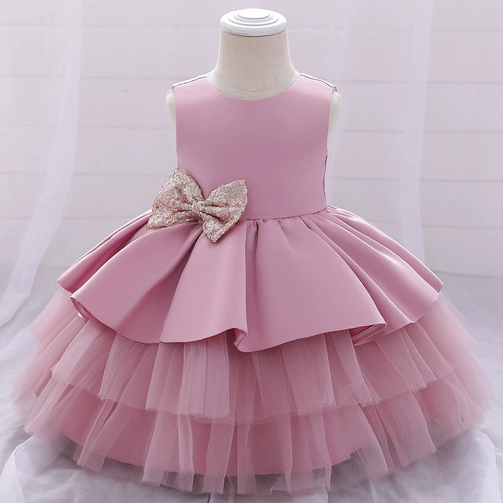 Pink Princess Round Tea Length Satin Flower Girl Dress - Elegant Flower Girl Attire for Weddings, Birthday Parties & Special Occasions