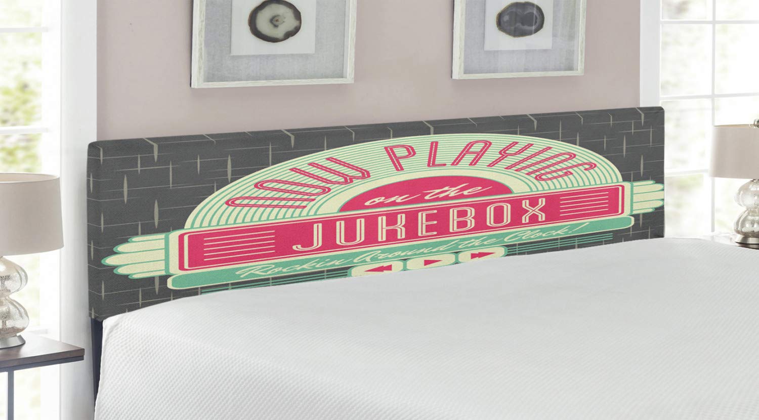 Ambesonne Jukebox Headboard - 50s Retro Radio Music Design Upholstered King Size Bed Frame with Memory Foam | Charcoal Grey & Mint Green Hot Pink | Perfect for Vintage Bedroom Decor, Music Lover's Room & Retro Theme Home Staging
